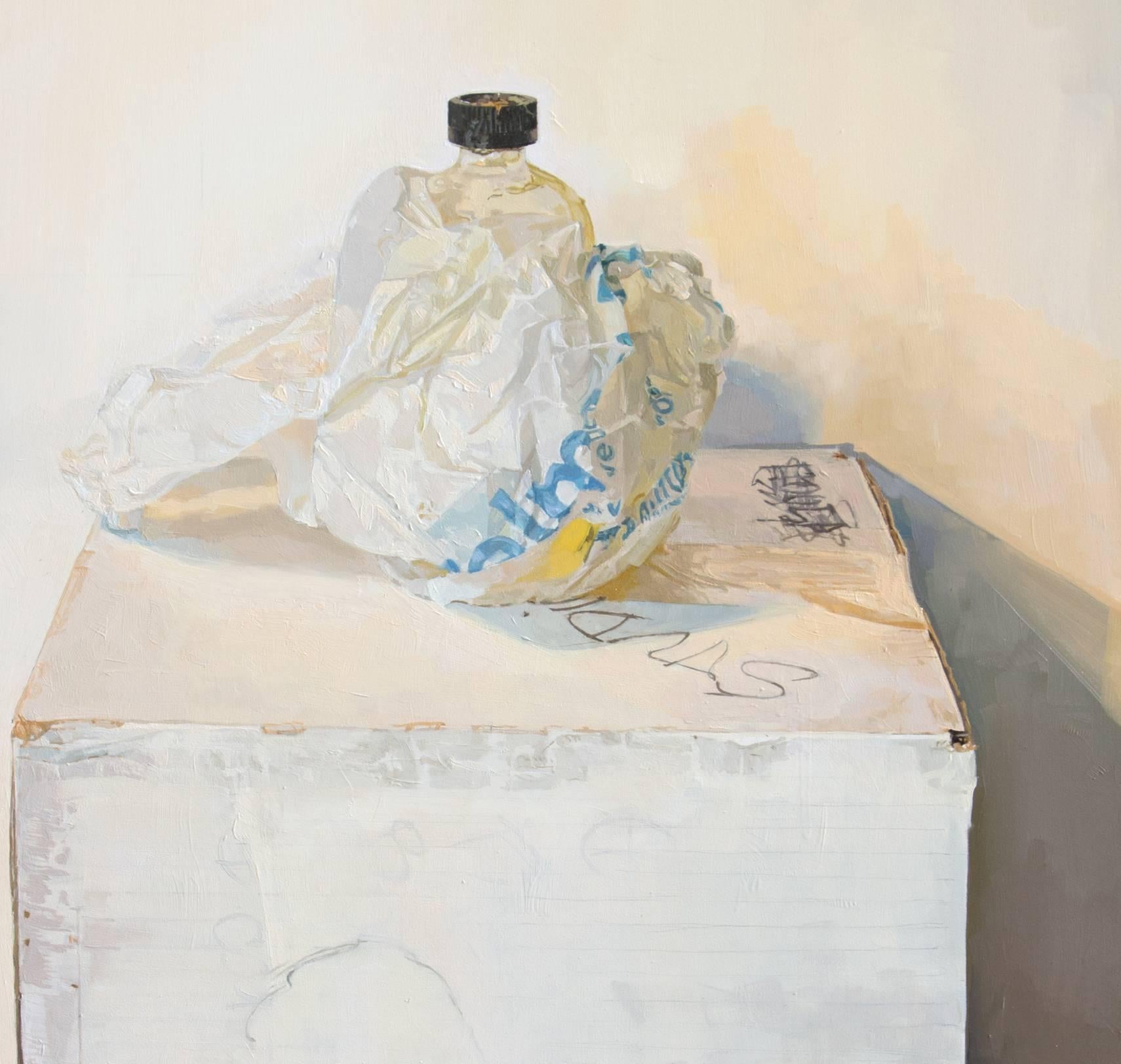 Leaking Linseed Bottle, Container, White Bag, Blue, Realistic Studio Still Life For Sale 1