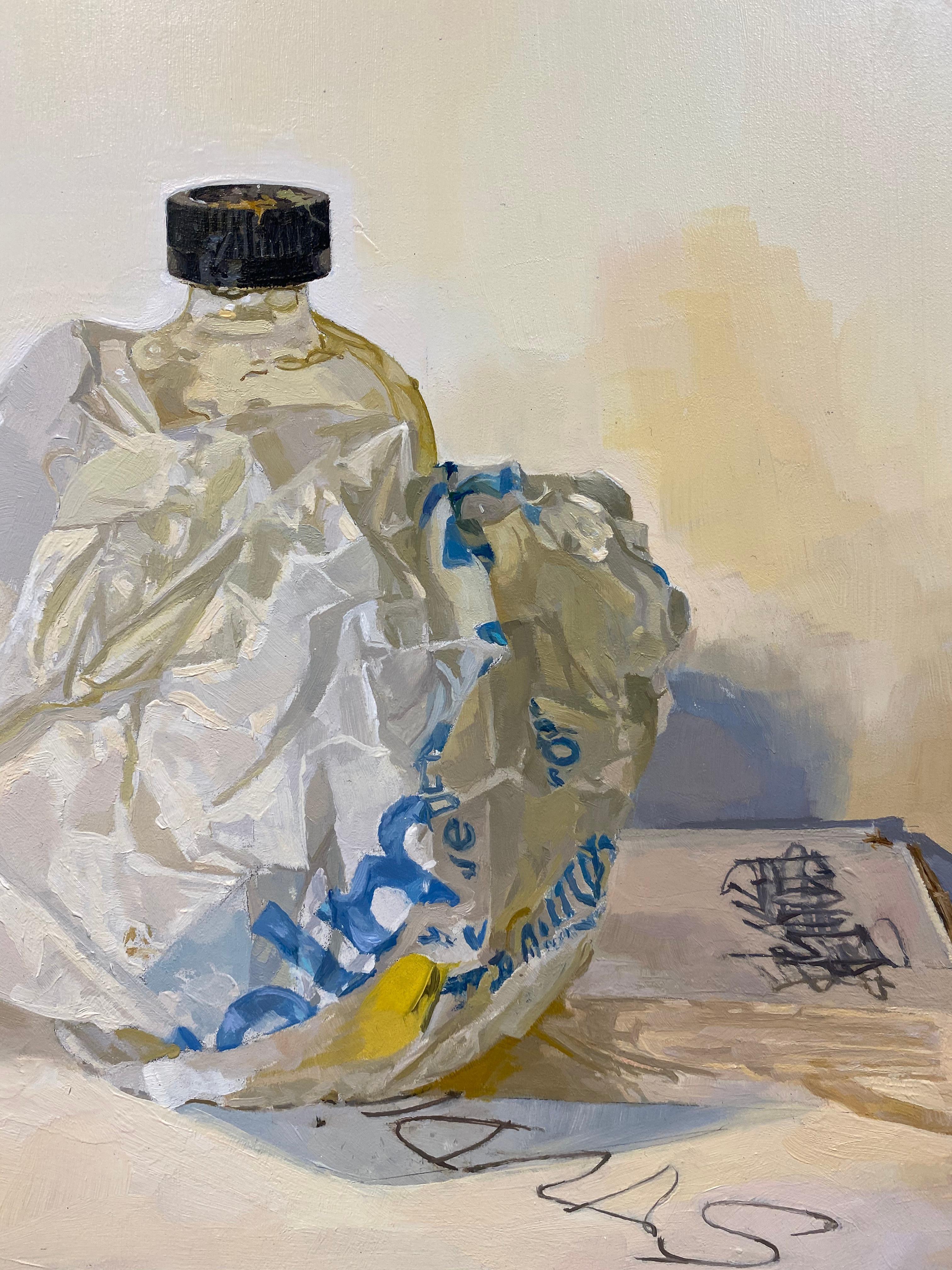 Leaking Linseed Bottle, Container, White Bag, Blue, Realistic Studio Still Life For Sale 2