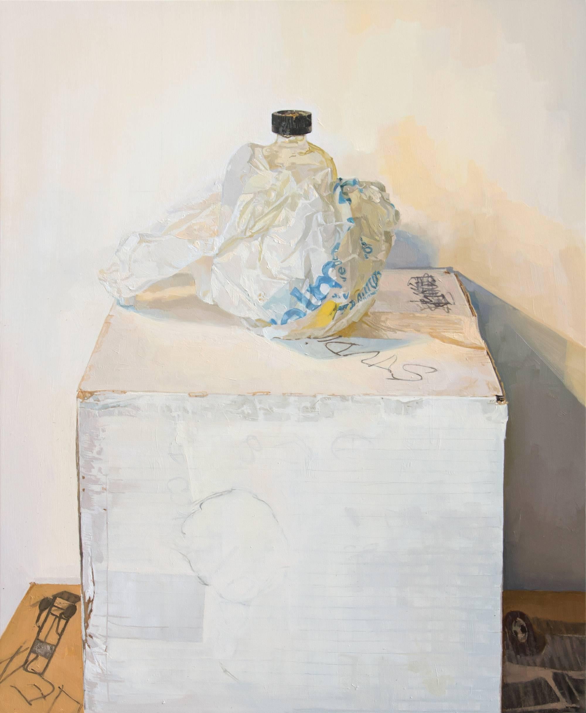 Brett Eberhardt Still-Life Painting - Leaking Linseed Bottle, Container, White Bag, Blue, Realistic Studio Still Life