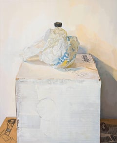 Leaking Linseed Bottle, Still Life Painting, Container in White Bag with Blue