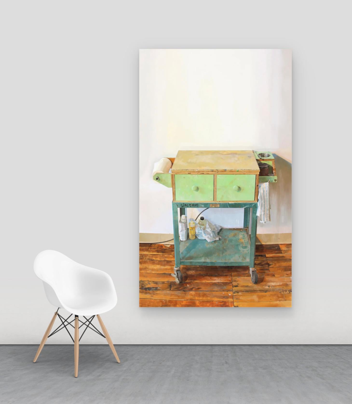 Painting Cart, Artist Studio Interior, Wood Floor Realistic Still Life Painting - Beige Still-Life Painting by Brett Eberhardt