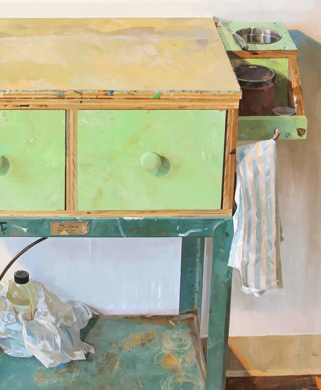 Painting Cart, Artist Studio Interior, Wood Floor Realistic Still Life Painting For Sale 1