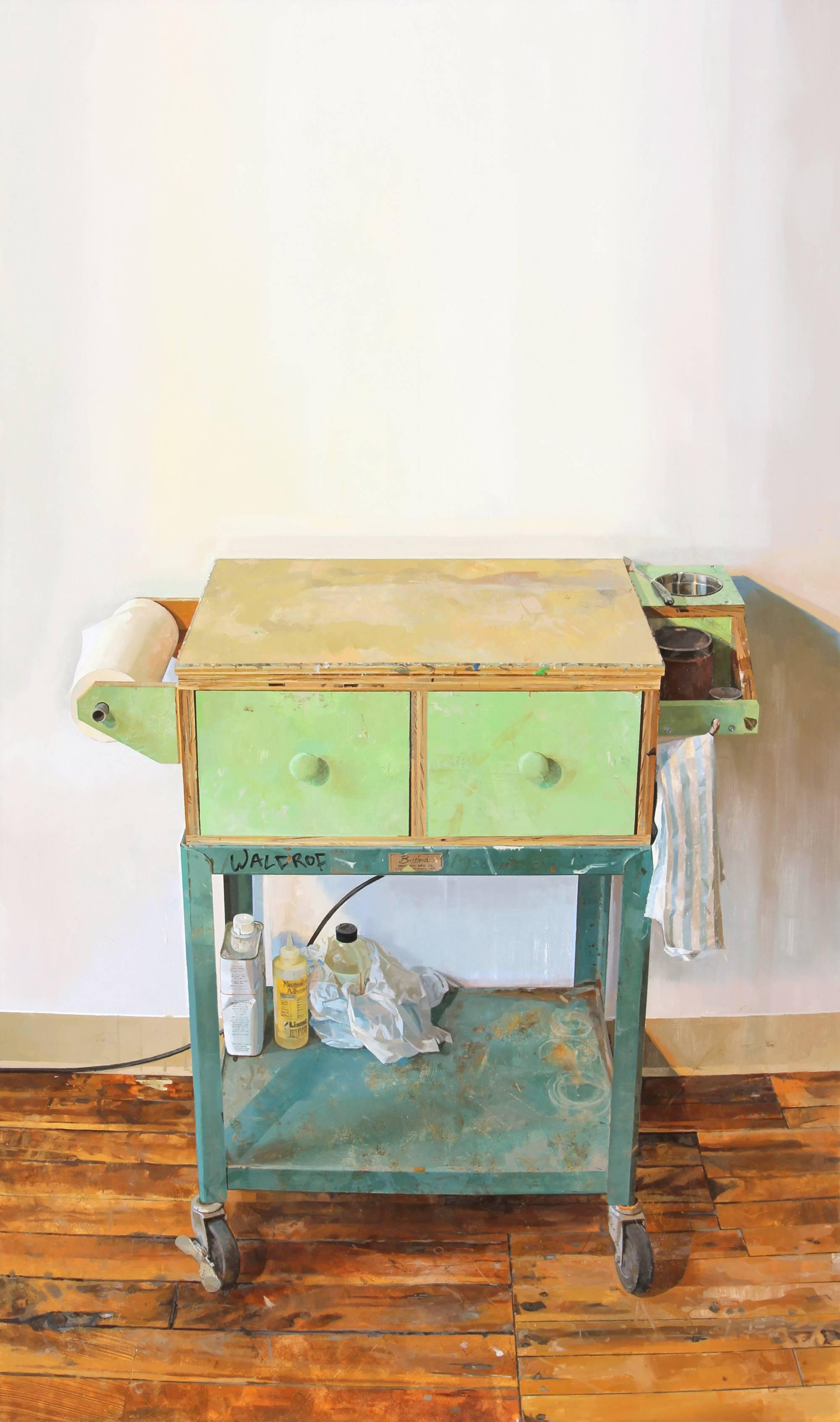 Brett Eberhardt Still-Life Painting - Painting Cart, Artist Studio Interior, Wood Floor Realistic Still Life Painting