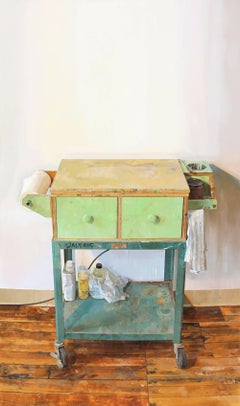 Used Painting Cart, Artist Studio Interior, Wood Floor Realistic Still Life Painting