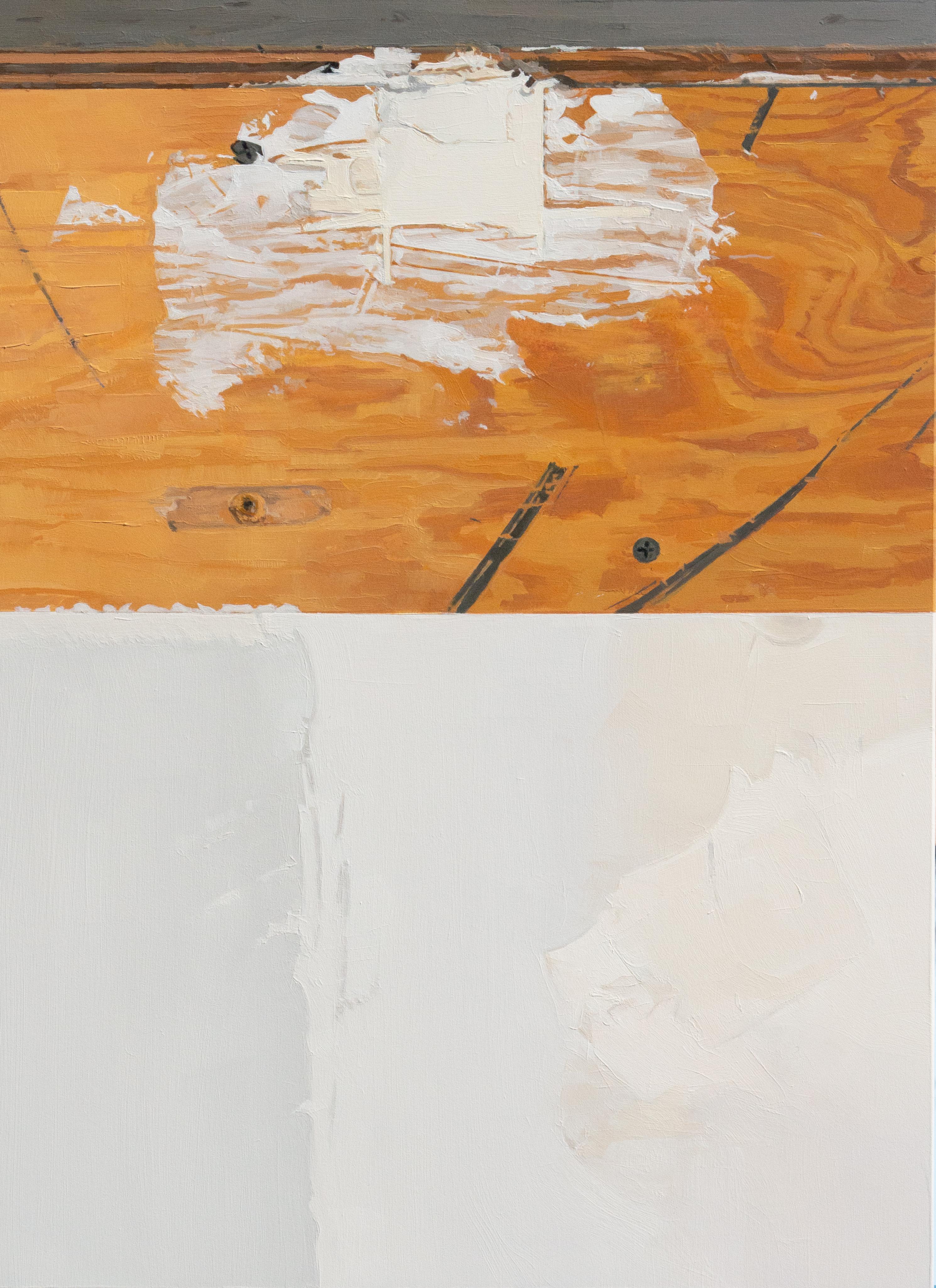 Brett Eberhardt Still-Life Painting - Patch - White Paint on Wooden Board Woodgrain Golden Brown, 2020