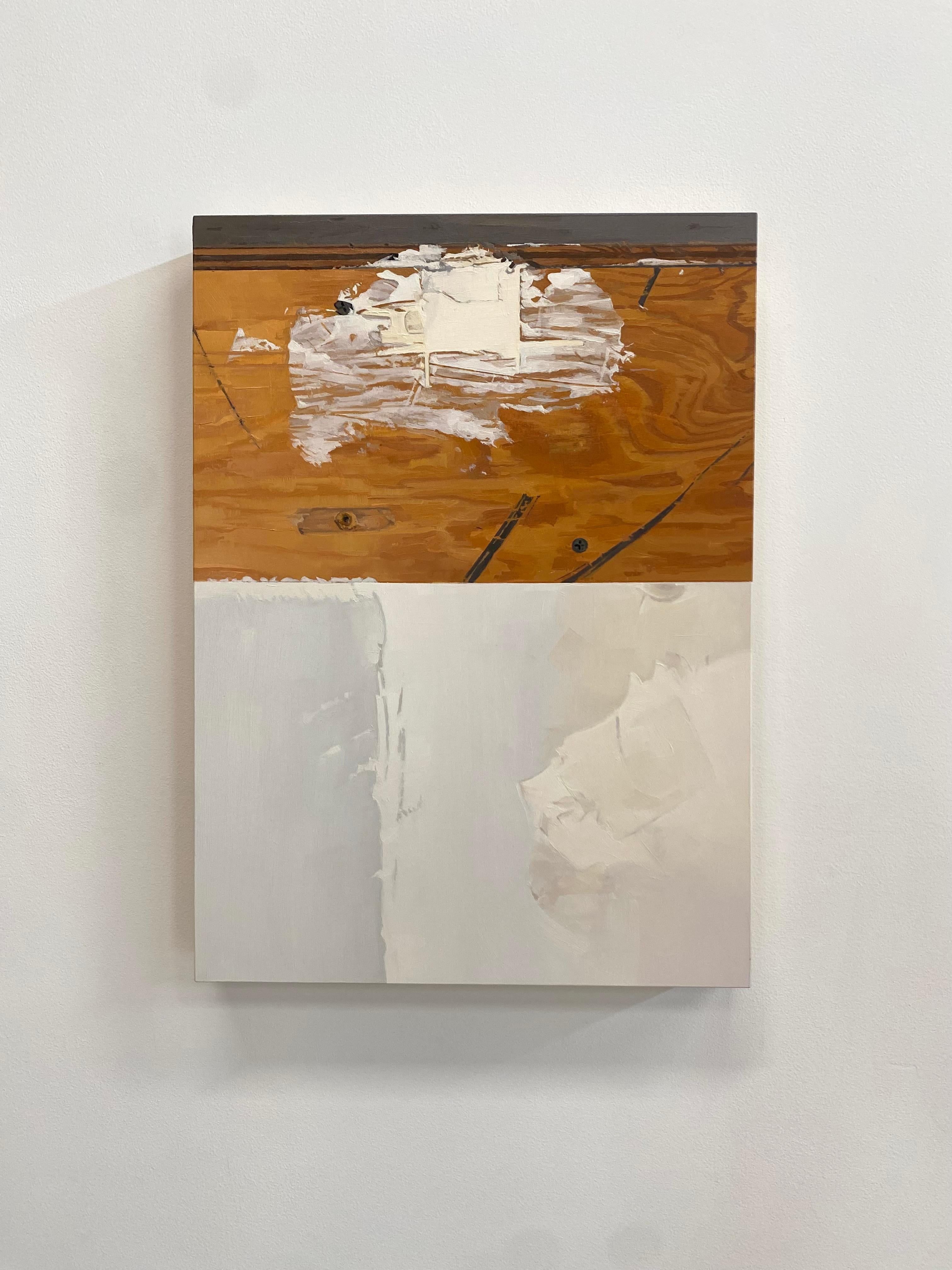 Patch, White Paint on Wooden Board, Woodgrain, Golden Brown - Painting by Brett Eberhardt