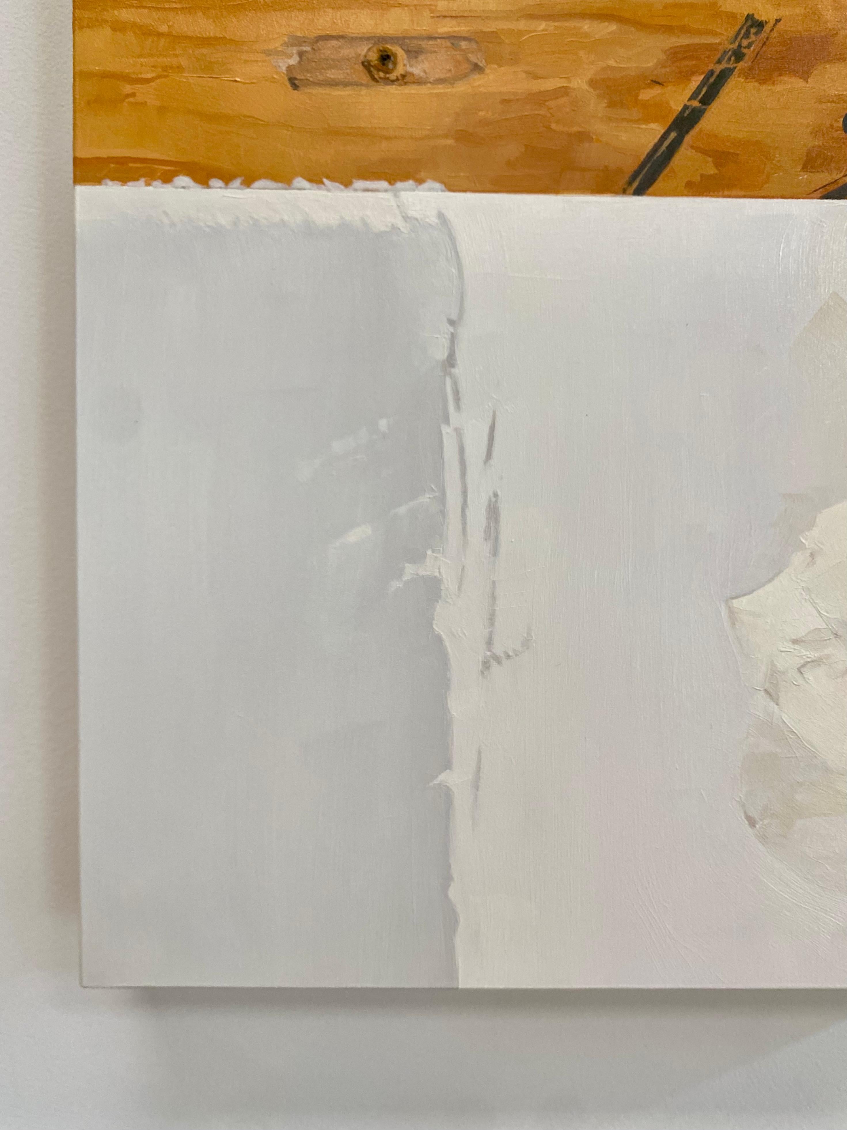 A patch of white paint adorns a wooden board with golden brown woodgrain, unexpectedly dramatic against a stark white wall. Signed, dated and titled on verso.

Brett Eberhardt’s painted interiors are inhabited by singular objects, and are vacant of