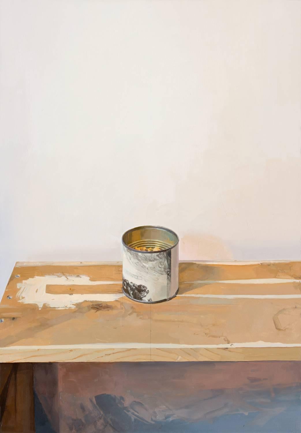 Brett Eberhardt Still-Life Painting - Rembrandt Canister, Still Life Painting, Gray White Paint Can, Brown Table