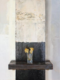 Two Daffodils, Still Life with Yellow Flowers in Glass, Brown and White