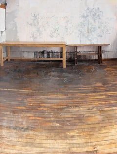 Dos mesas - Interior de estudio contemporáneo Suelo de madera dorada Mesa de madera, 2017