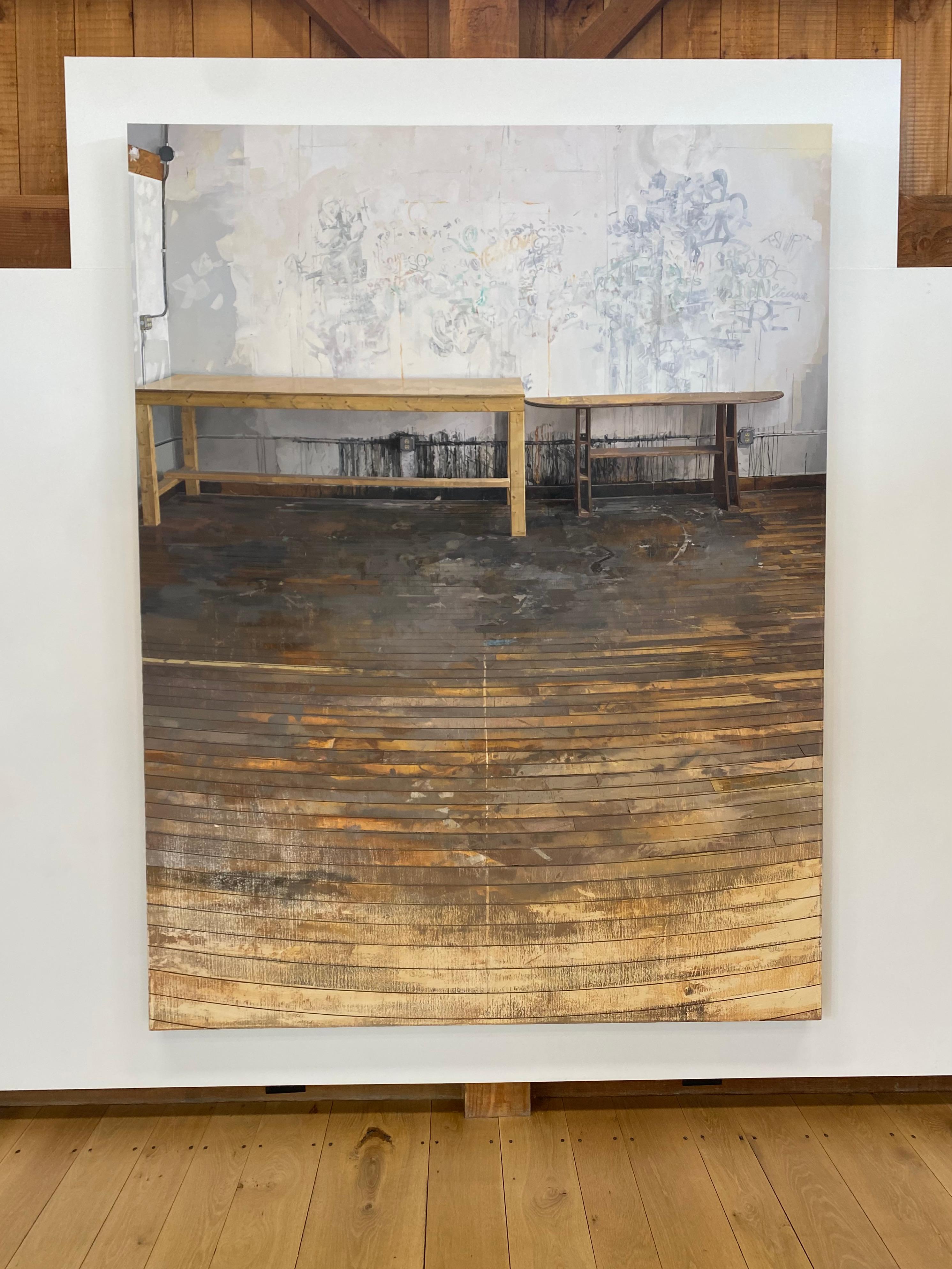 Two Tables, Studio Interior, Golden Wood Floor, White Walls, Wooden Table - Painting by Brett Eberhardt