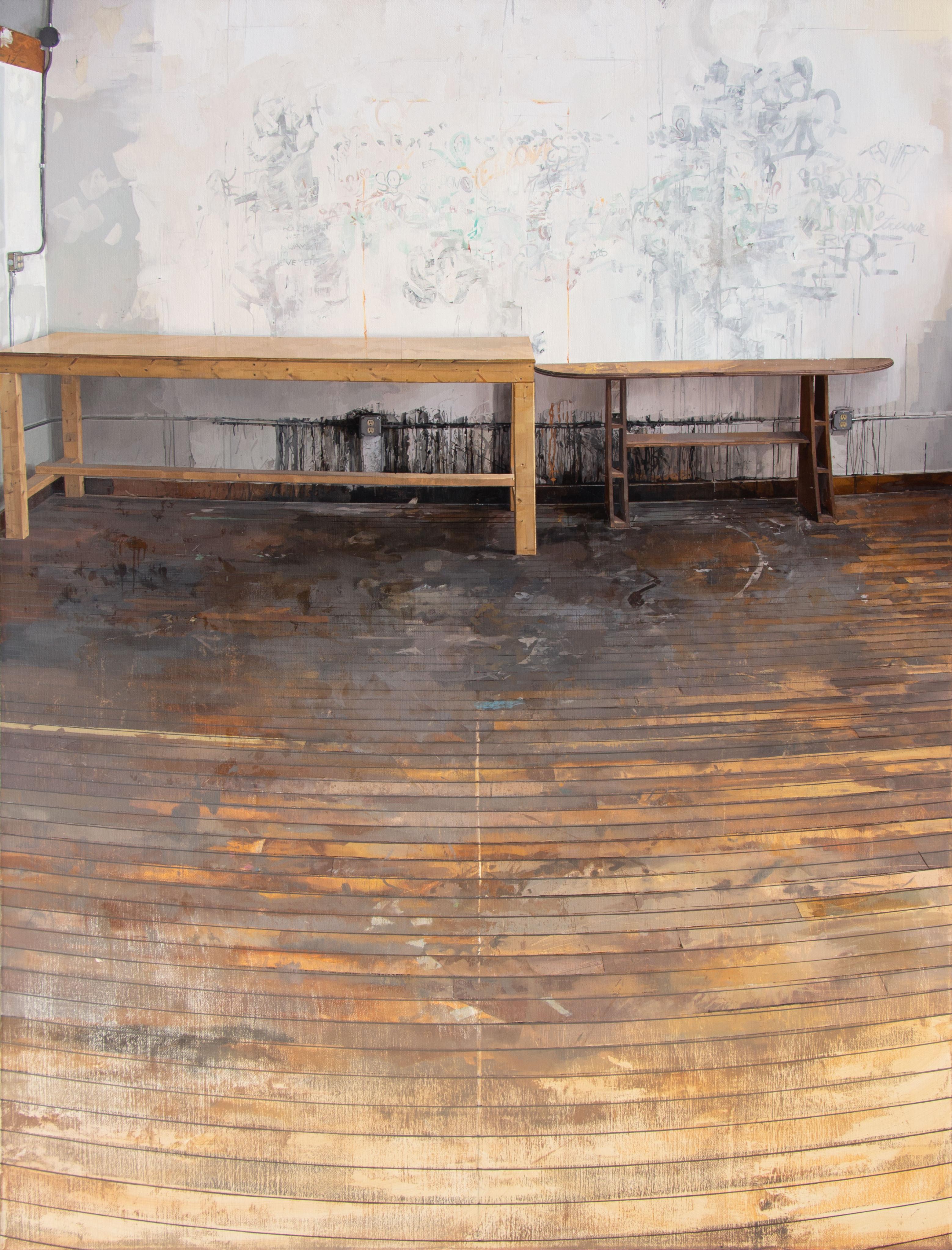 Brett Eberhardt Interior Painting - Two Tables, Studio Interior, Golden Wood Floor, White Walls, Wooden Table