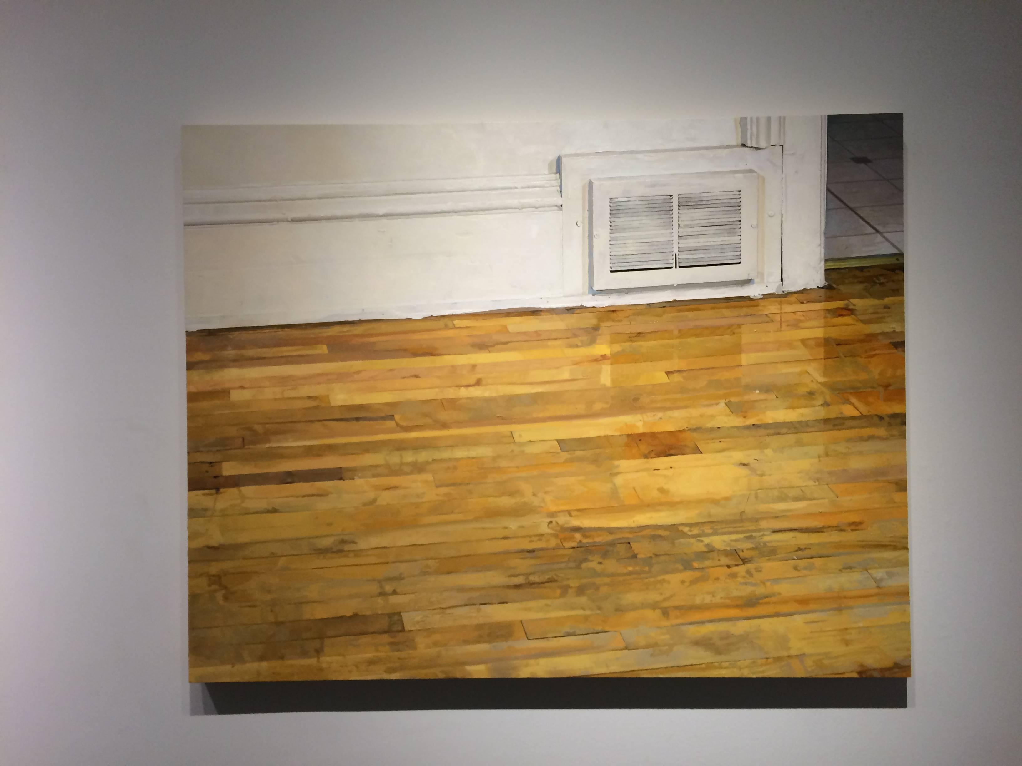 Vent and Dining Room Floor, Golden Wood Floor, White Walls, Tiles Interior - Painting by Brett Eberhardt