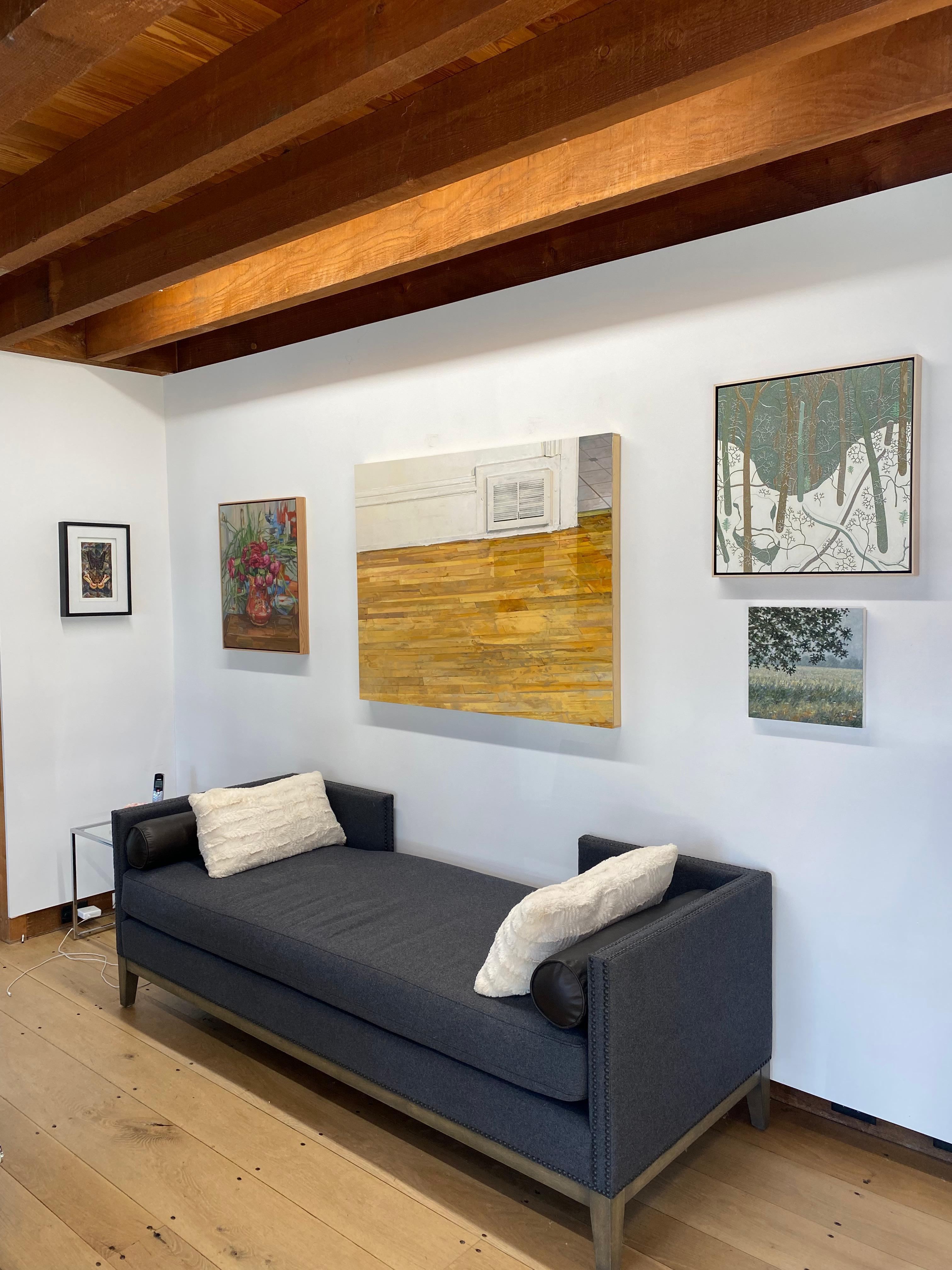 Pavimento della sala da pranzo e da pranzo, pavimento in legno dorato, pareti bianche, interni con piastrelle - Painting Contemporaneo di Brett Eberhardt