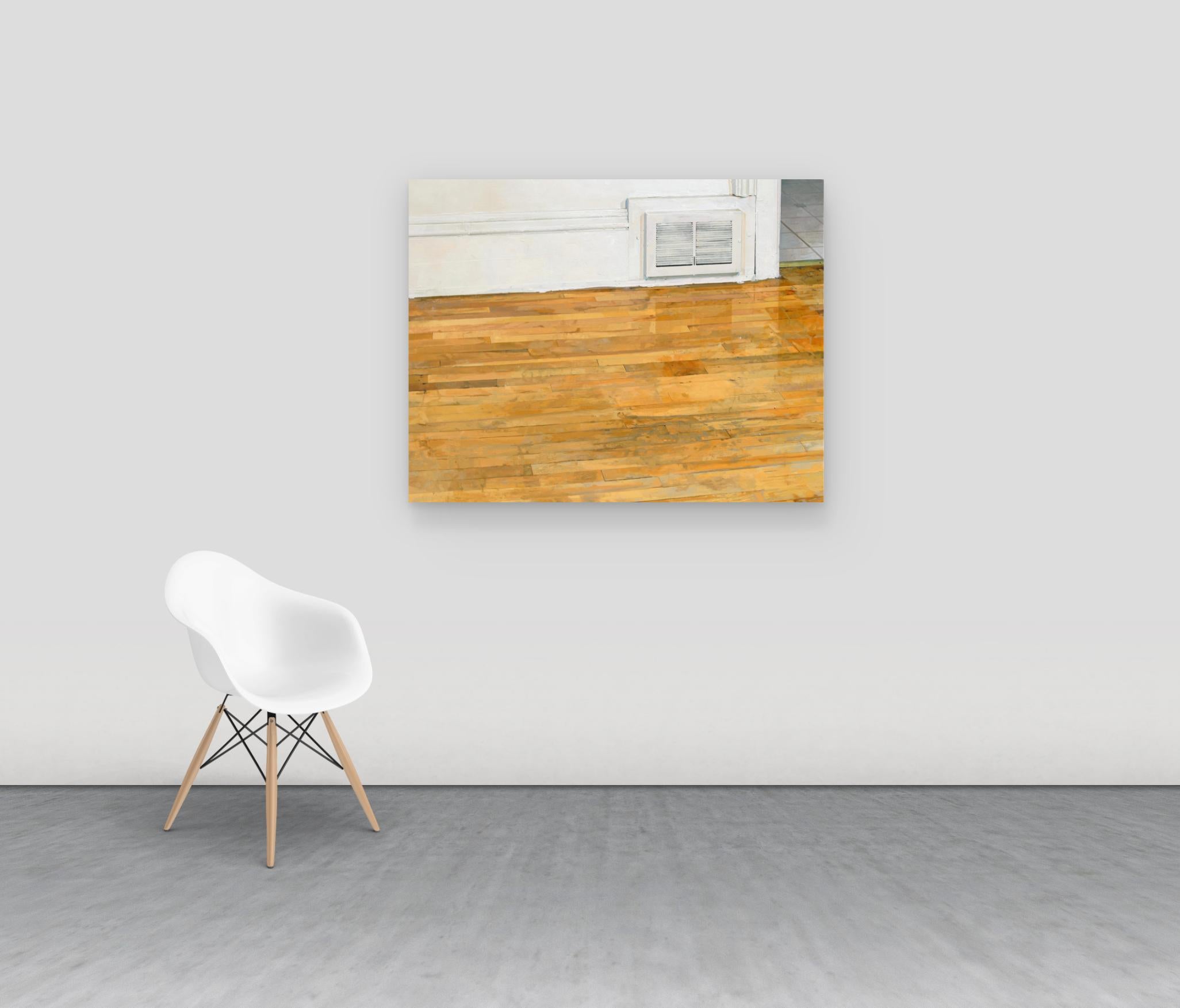 Pavimento della sala da pranzo e da pranzo, pavimento in legno dorato, pareti bianche, interni con piastrelle in vendita 2