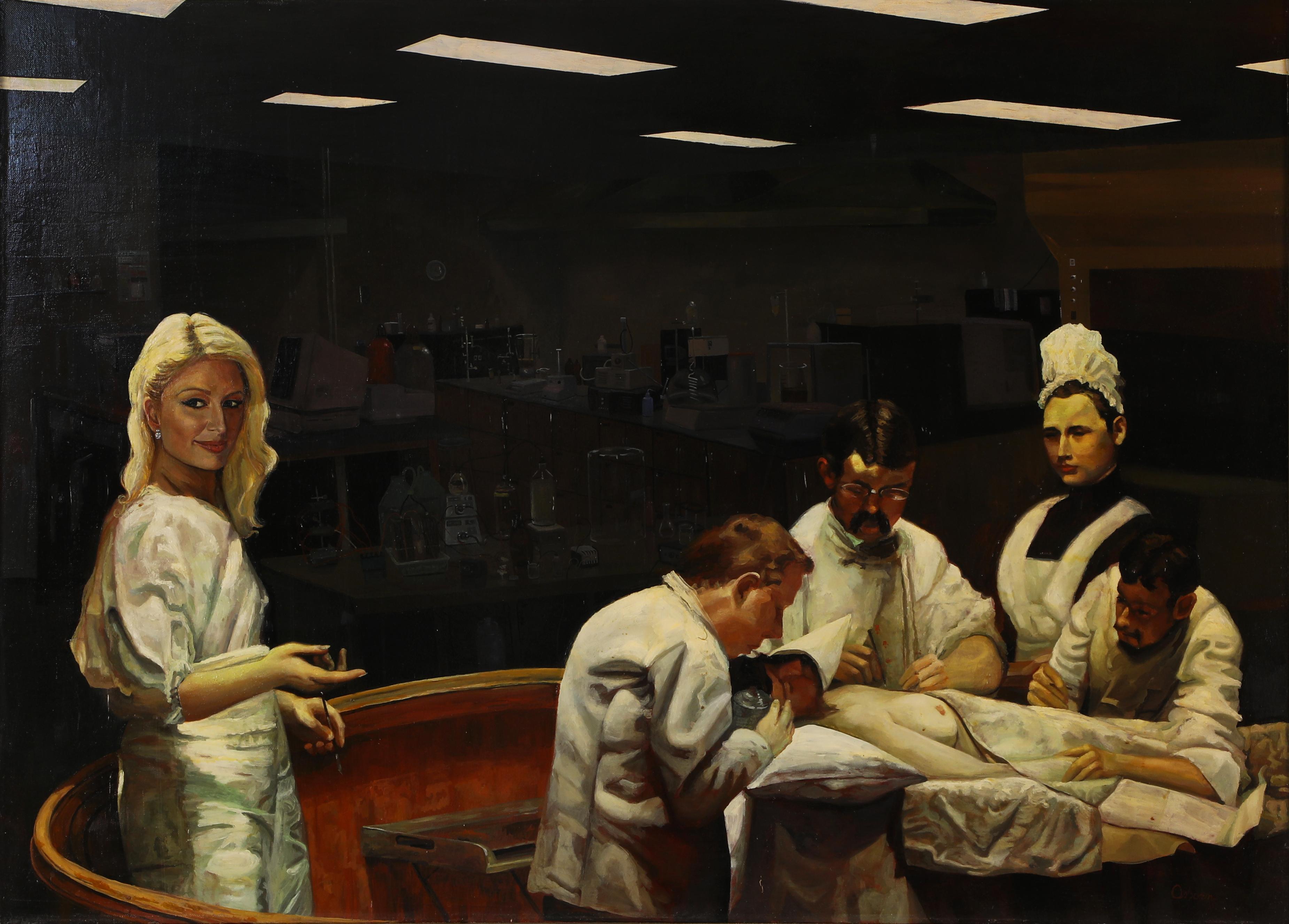 Brett Osborn Figurative Painting - Hilton Curing Cancer at the Centers for Disease Control (CDC)