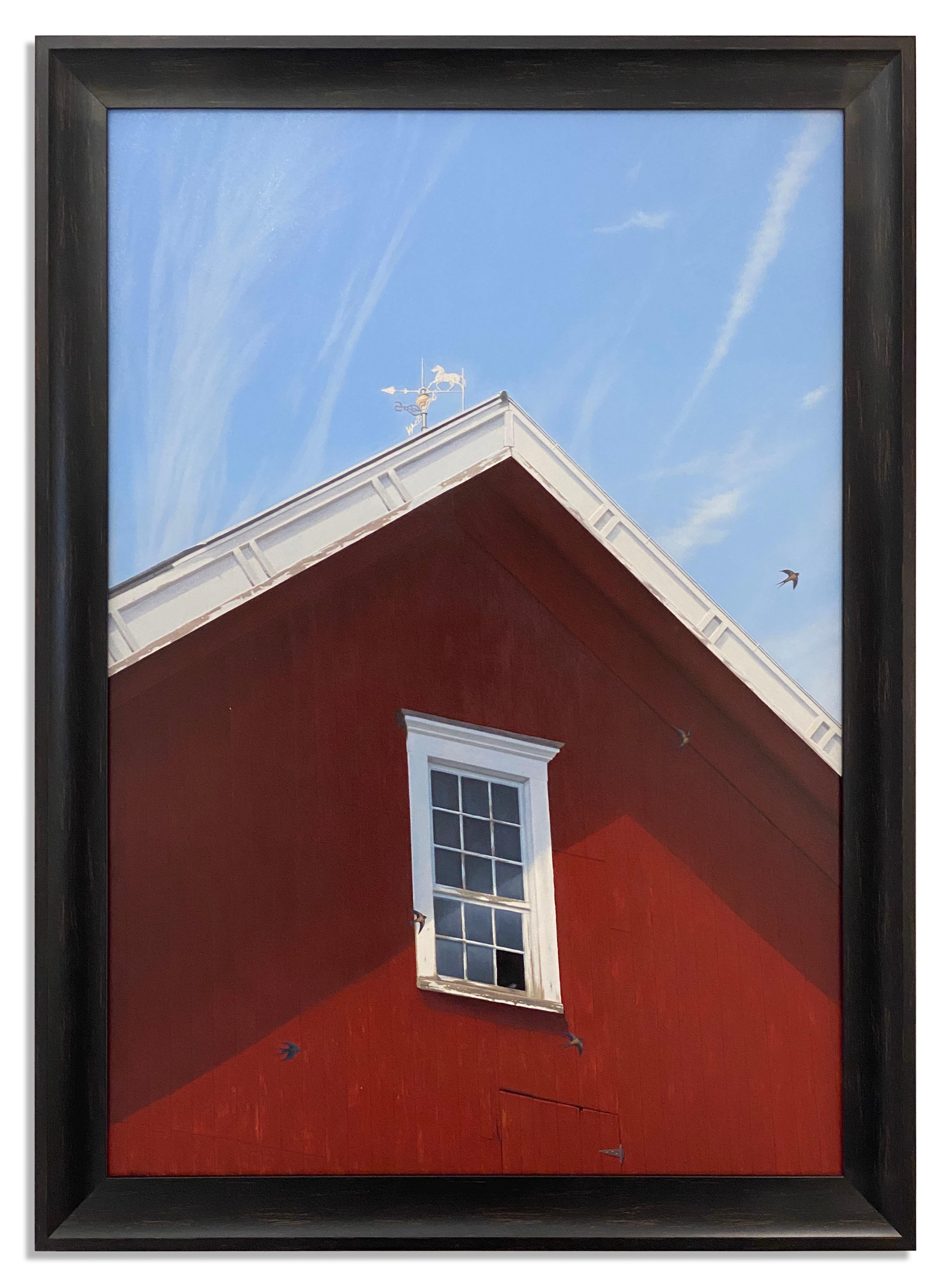 Brett Scheifflee Landscape Painting - Afternoon Shadows (red barn, swallows, shadows, bluebird sky, wispy clouds)