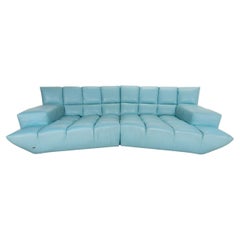 Modulare ausziehbare Bretz Cloud 7 Leder-Sofa in Hellblau und Blau