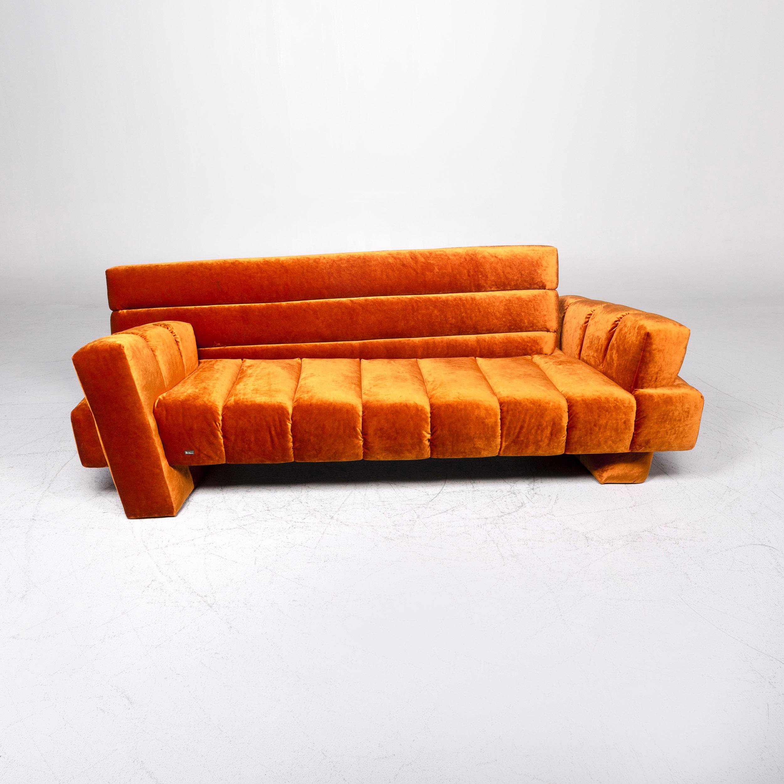 Contemporary Bretz Confucius Orange Designer Velvet Fabric Sofa Three-Seat Couch For Sale