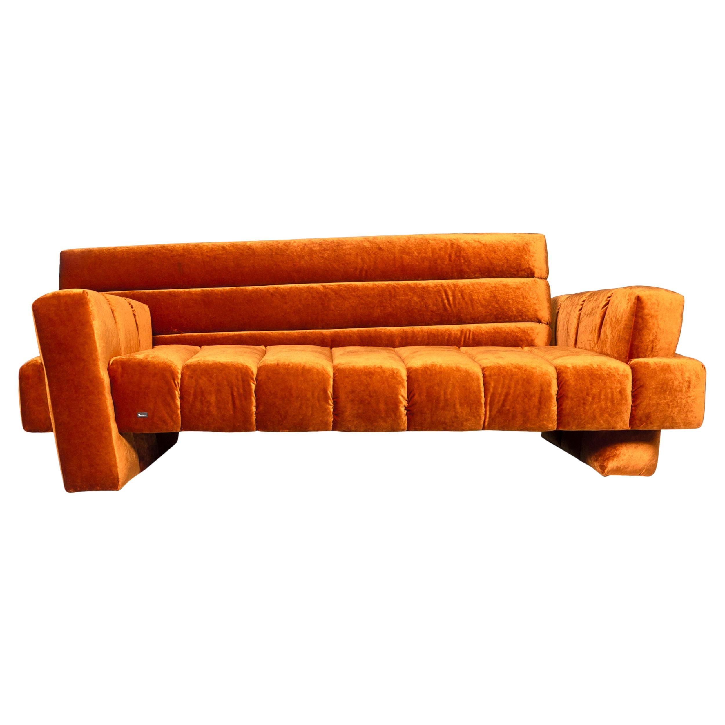 Bretz Confucius Orange Designer Velvet Fabric Sofa Three-Seat Couch For Sale