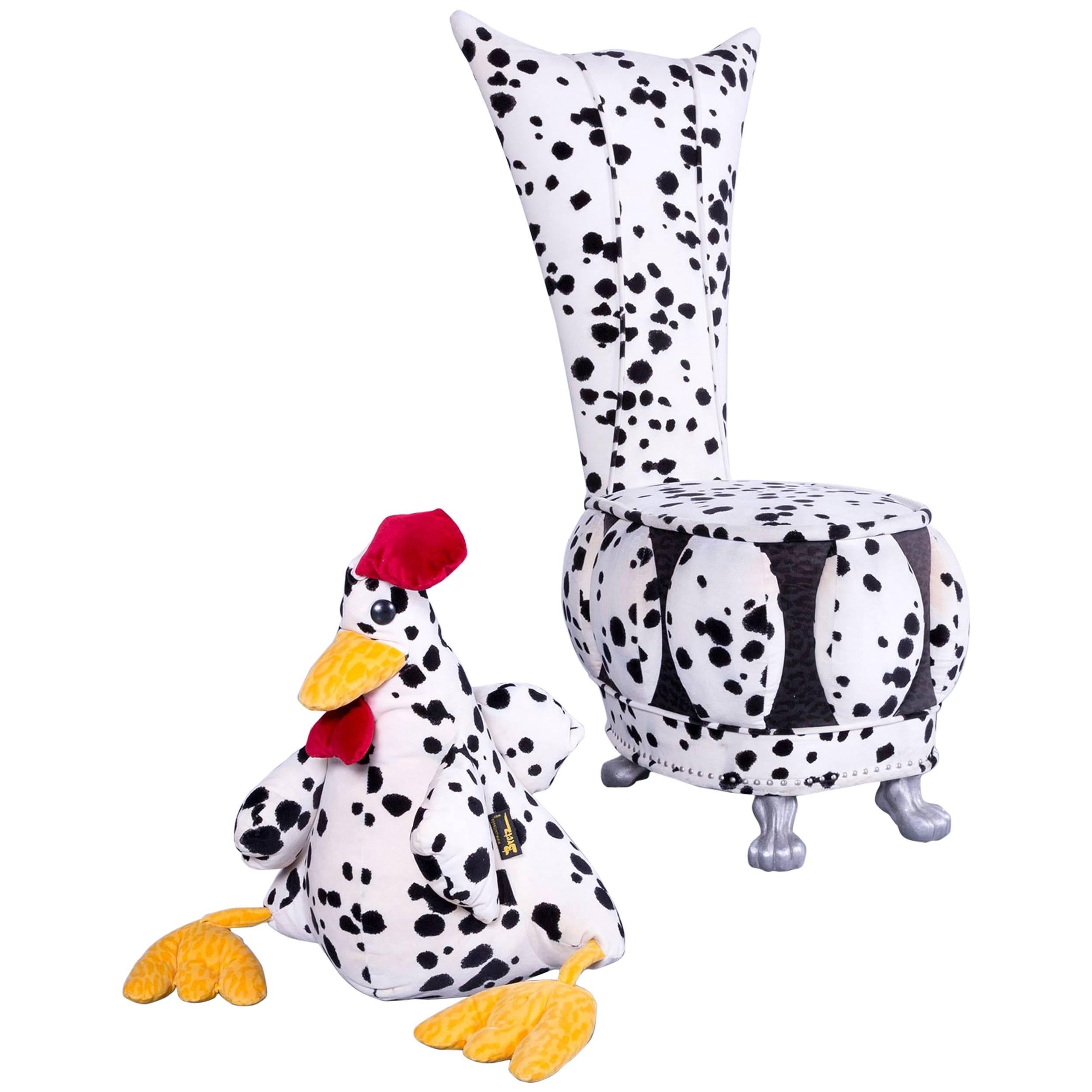 Bretz Designer Chair in White Dalmatiner Patterned Fabric with Chicken Pillow