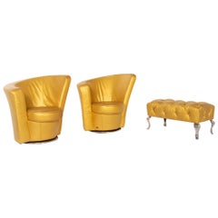 Bretz Eves Island Leather Armchair Set Gold 2 Armchair 1 Stool Swivel