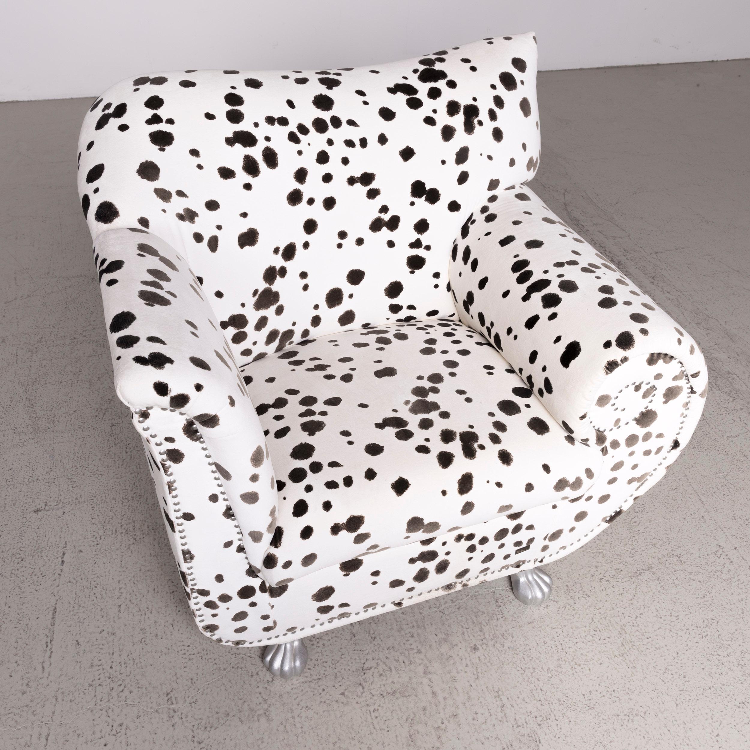 German Bretz Gaudi Designer Fabric Armchair White Dalmatian Pattern Chair with Stool For Sale