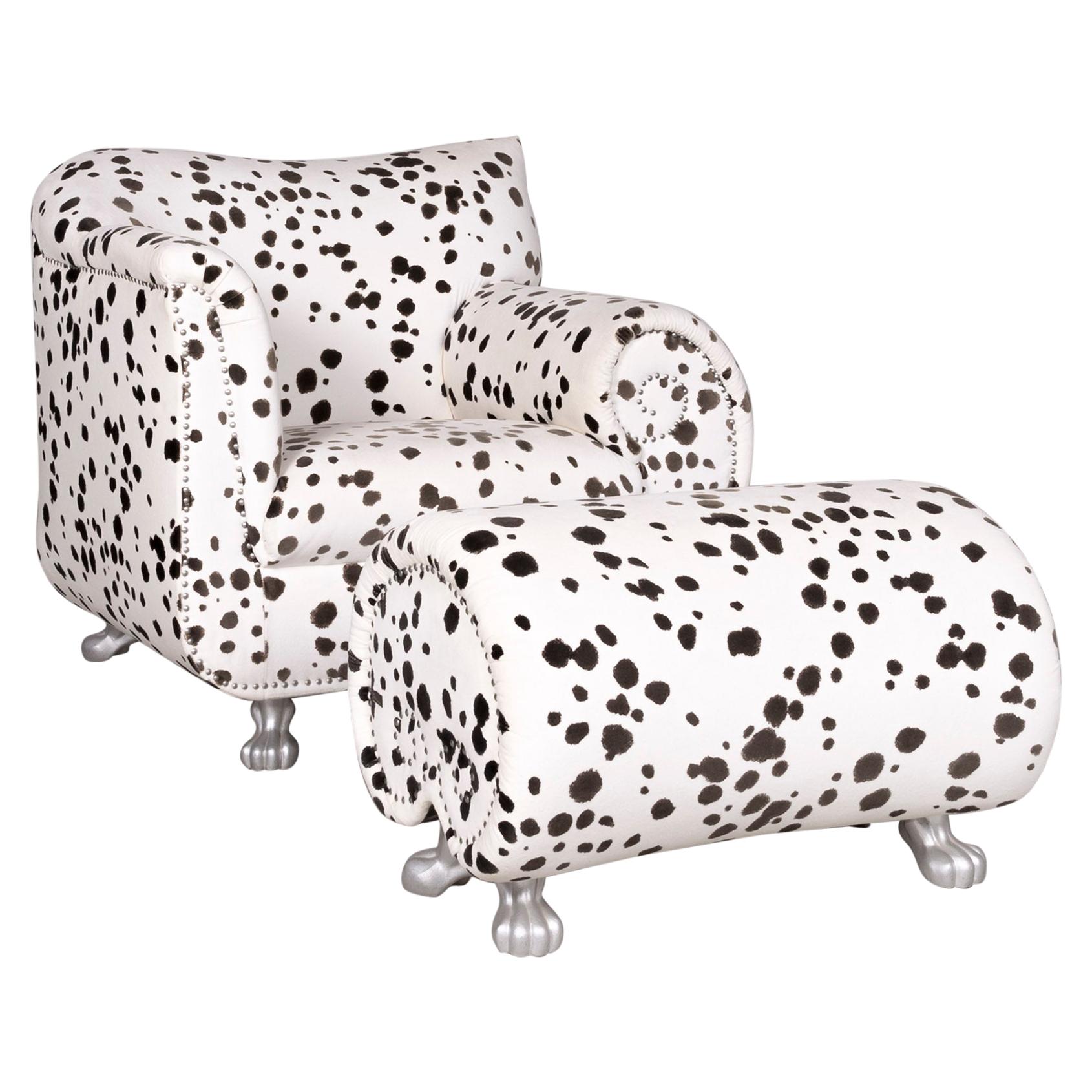 Bretz Gaudi Designer Fabric Armchair White Dalmatian Pattern Chair with Stool For Sale