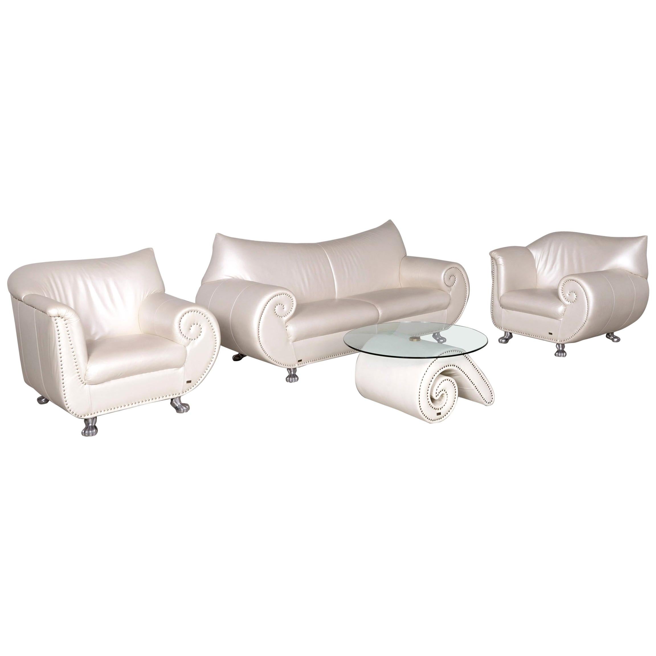 Bretz Gaudi Designer Leather Sofa Armchair Coffee Table Set White Two-Seat Couch For Sale