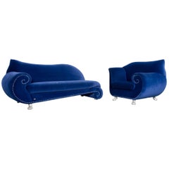 Bretz Gaudi Designer Velvet Sofa Armchair Set Blue Two-Seat Couch