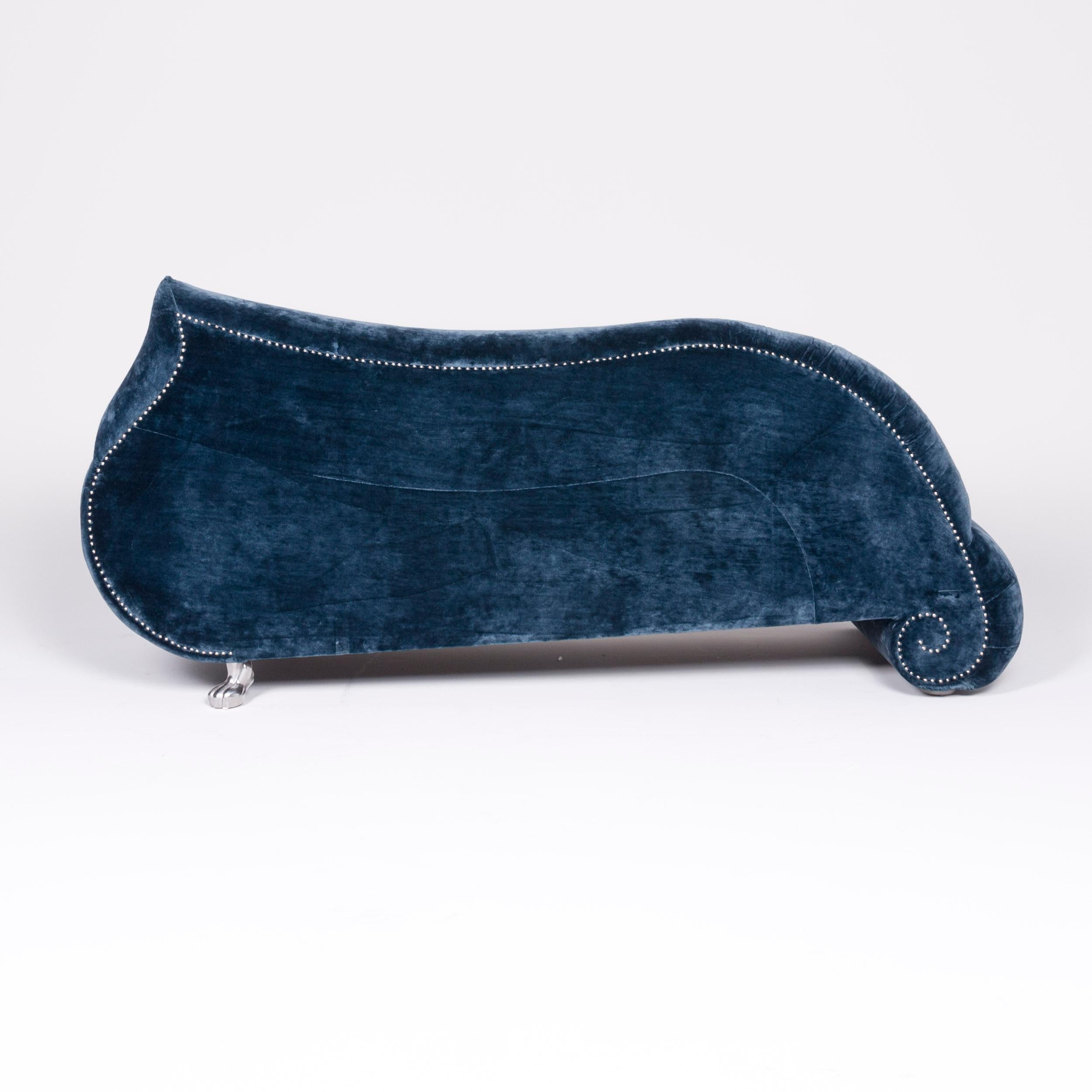 Bretz Gaudi Designer Velvet Sofa Blue Three-Seat Couch Récamière For Sale 1