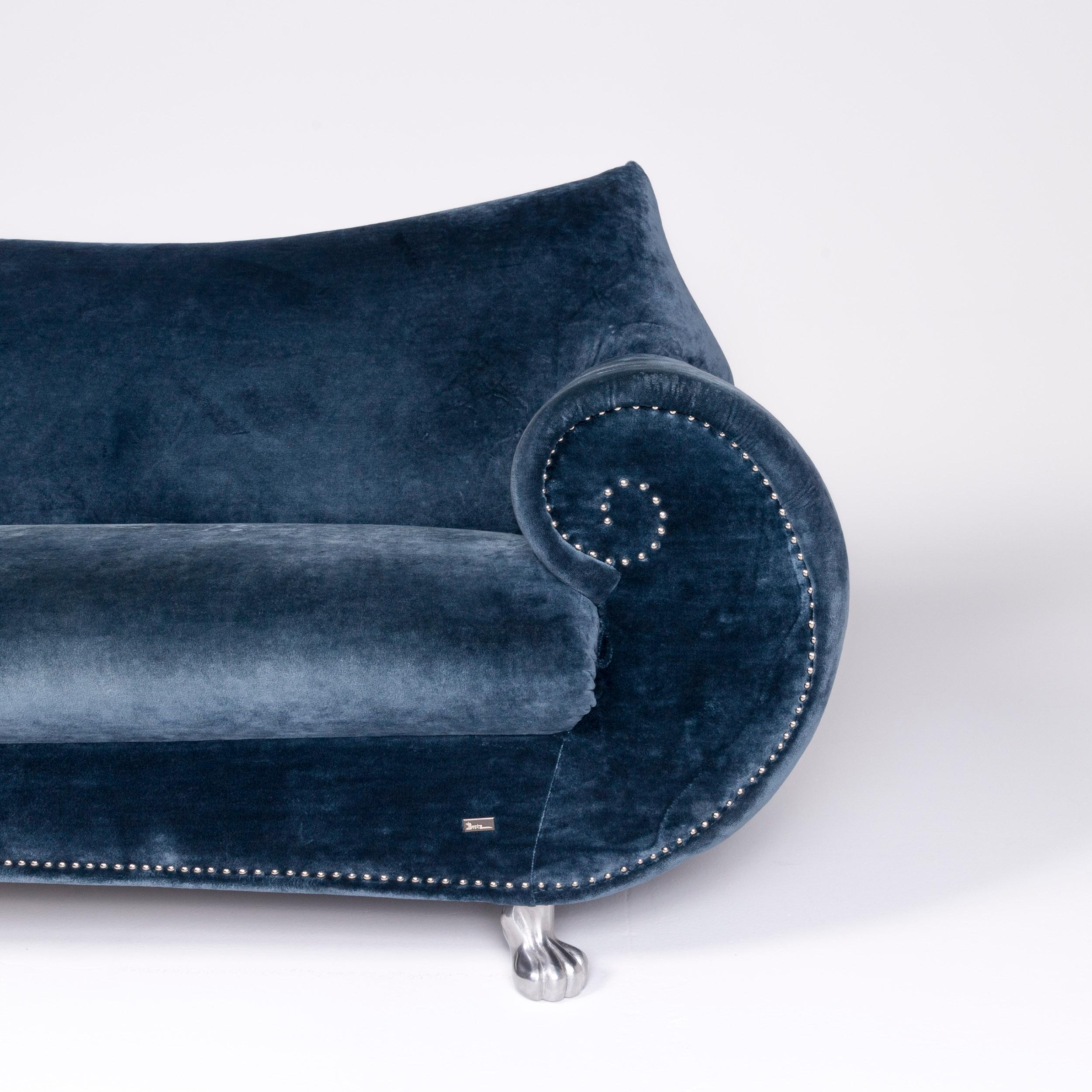 German Bretz Gaudi Designer Velvet Sofa Blue Three-Seat Couch Récamière For Sale