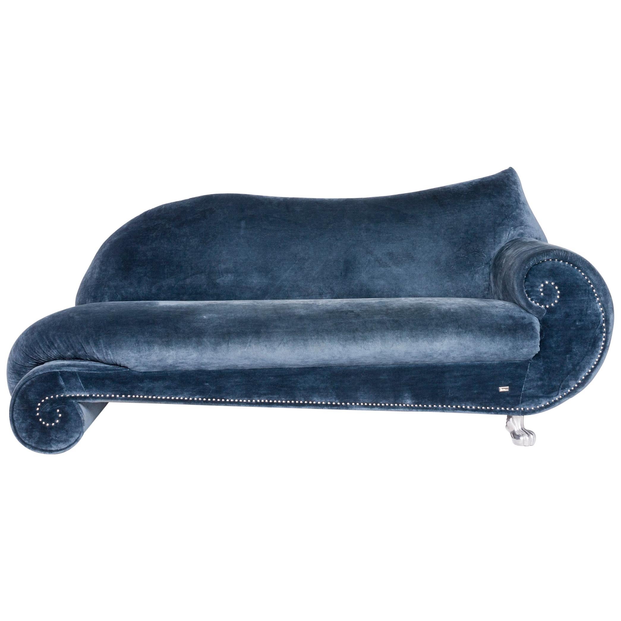 Bretz Gaudi Designer Velvet Sofa Blue Three-Seat Couch Récamière For Sale