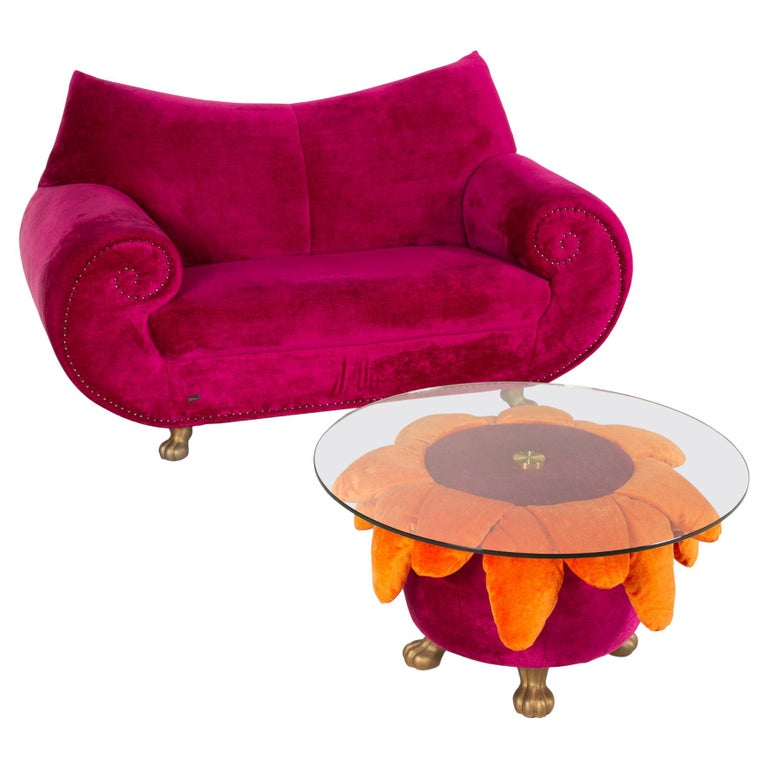 Bretz Gaudi Fabric Sofa Pink Two-Seater Coffee Table Glass Set at 1stDibs