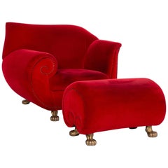 Bretz Gaudi Velvet Fabric Armchair Set Red 1 Armchair 1 Stool