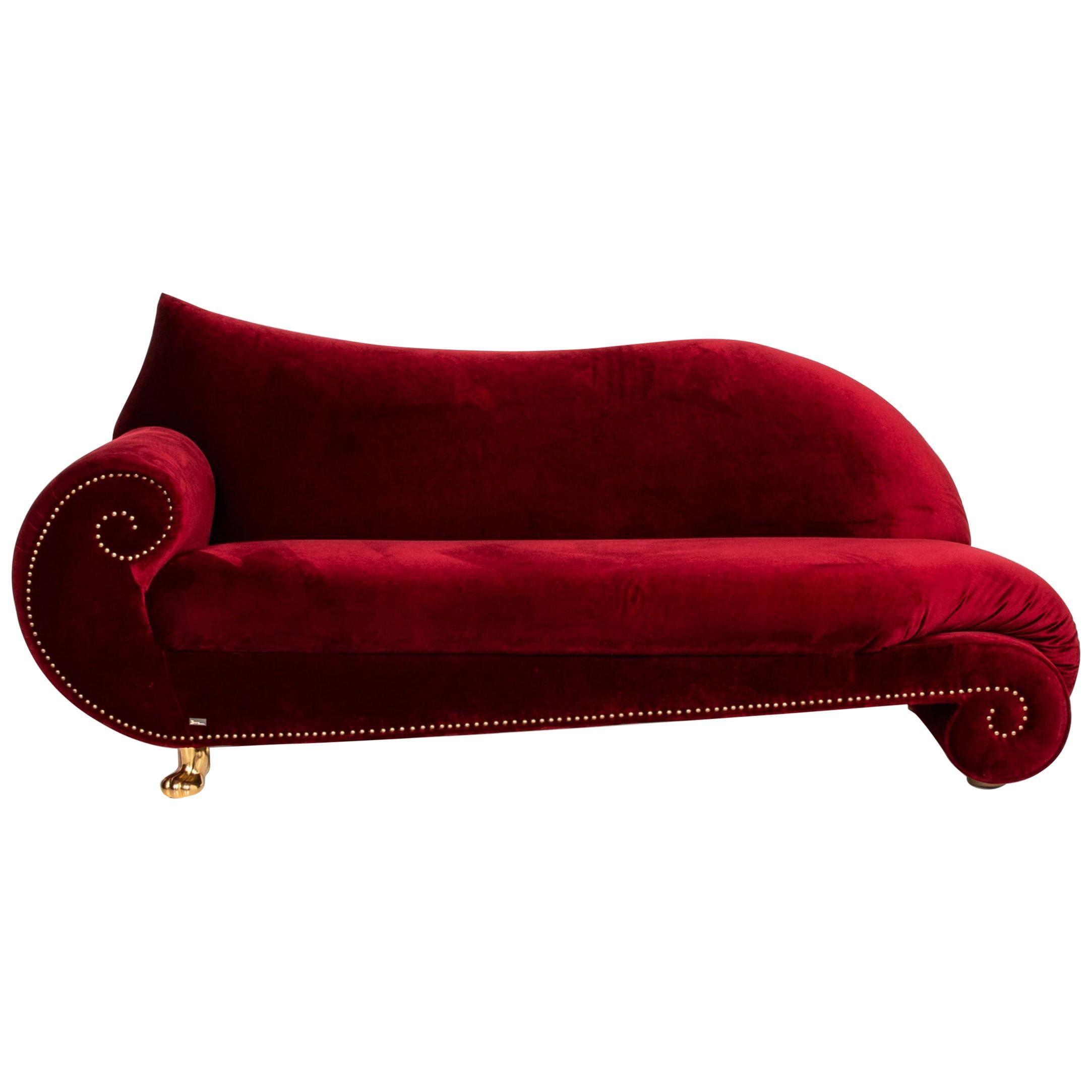 Bretz Gaudi Velvet Fabric Sofa Red Three-Seat Couch Gold-Plated