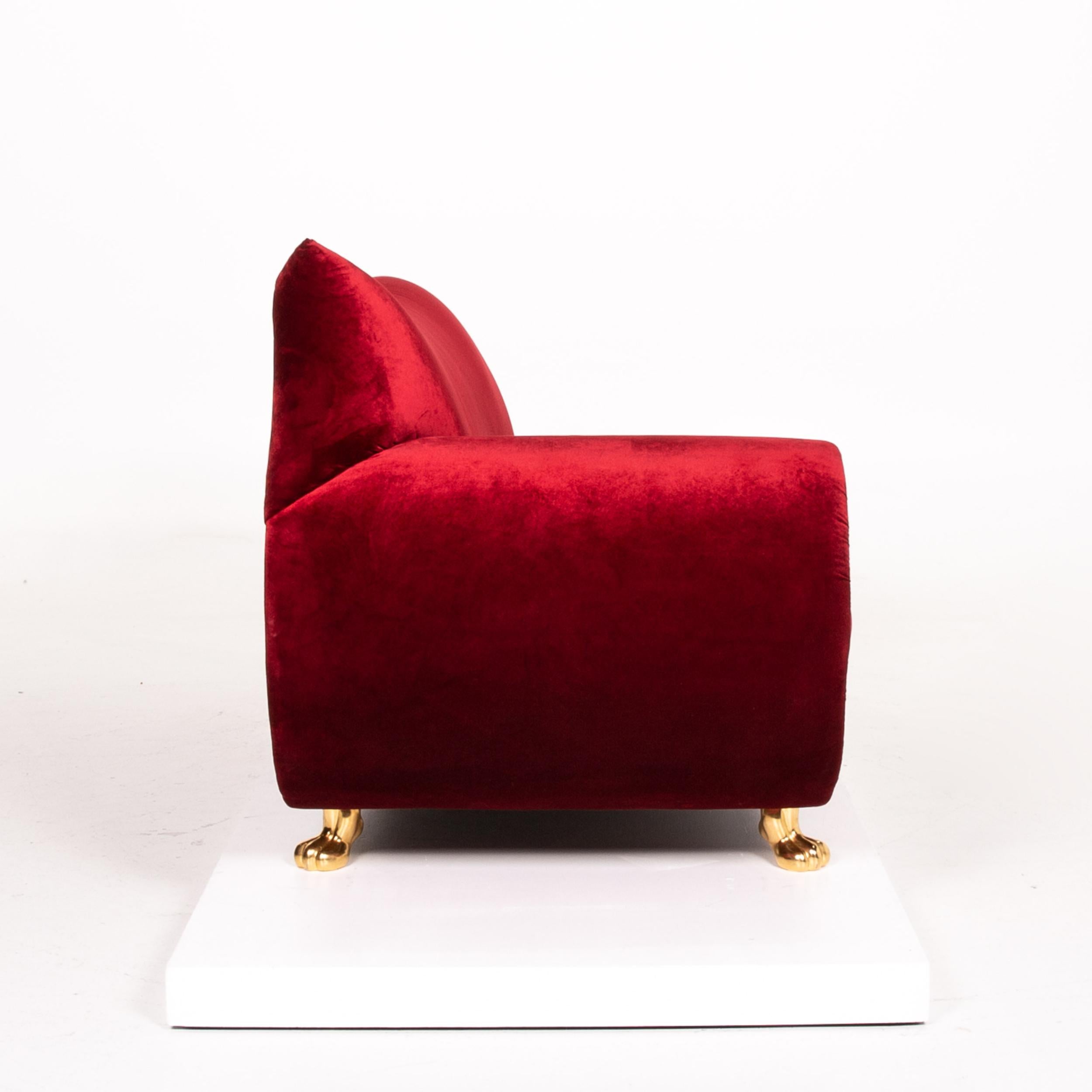 Bretz Gaudi Velvet Fabric Sofa Red Three-Seat Couch Gold-Plated 2