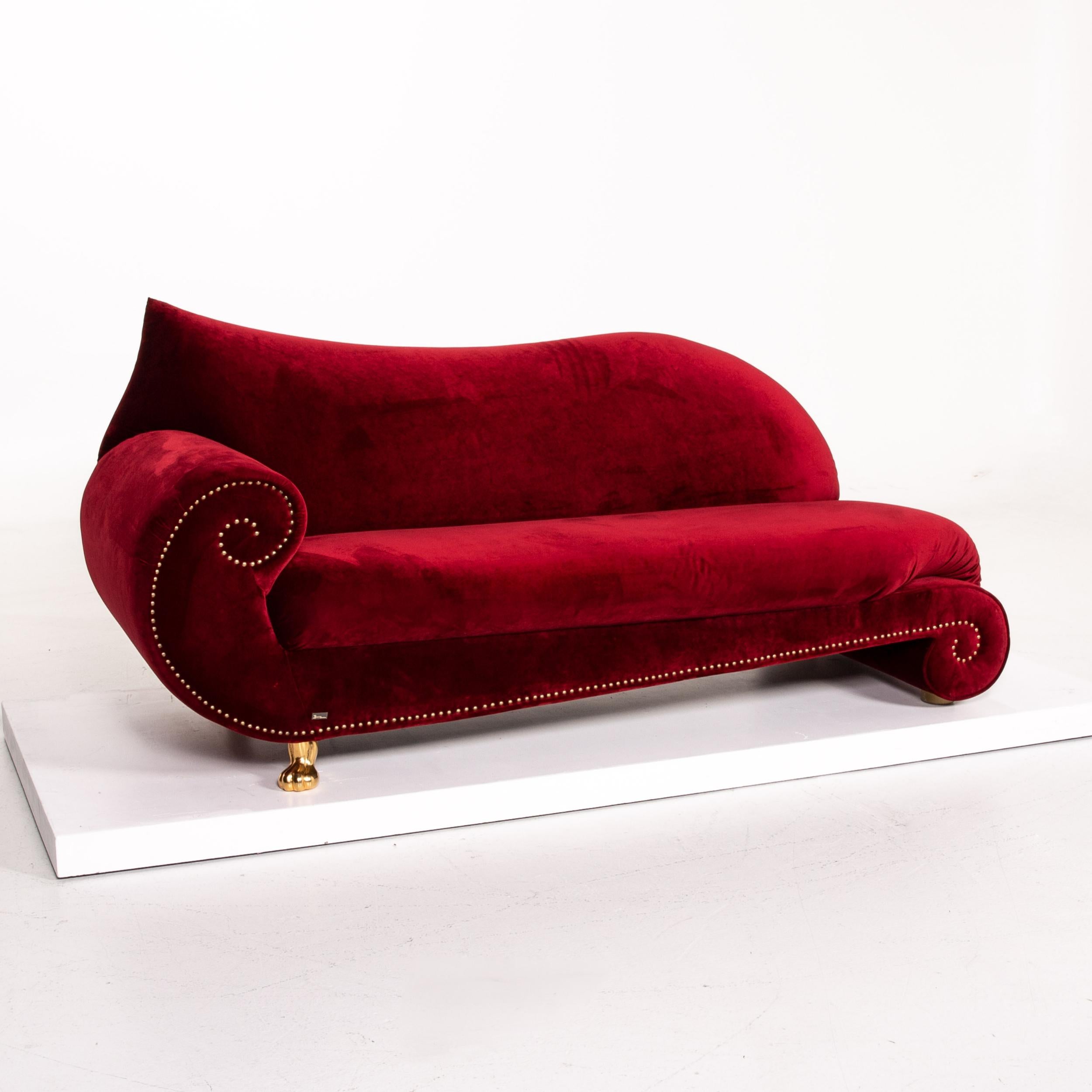 Contemporary Bretz Gaudi Velvet Fabric Sofa Red Three-Seat Couch Gold-Plated