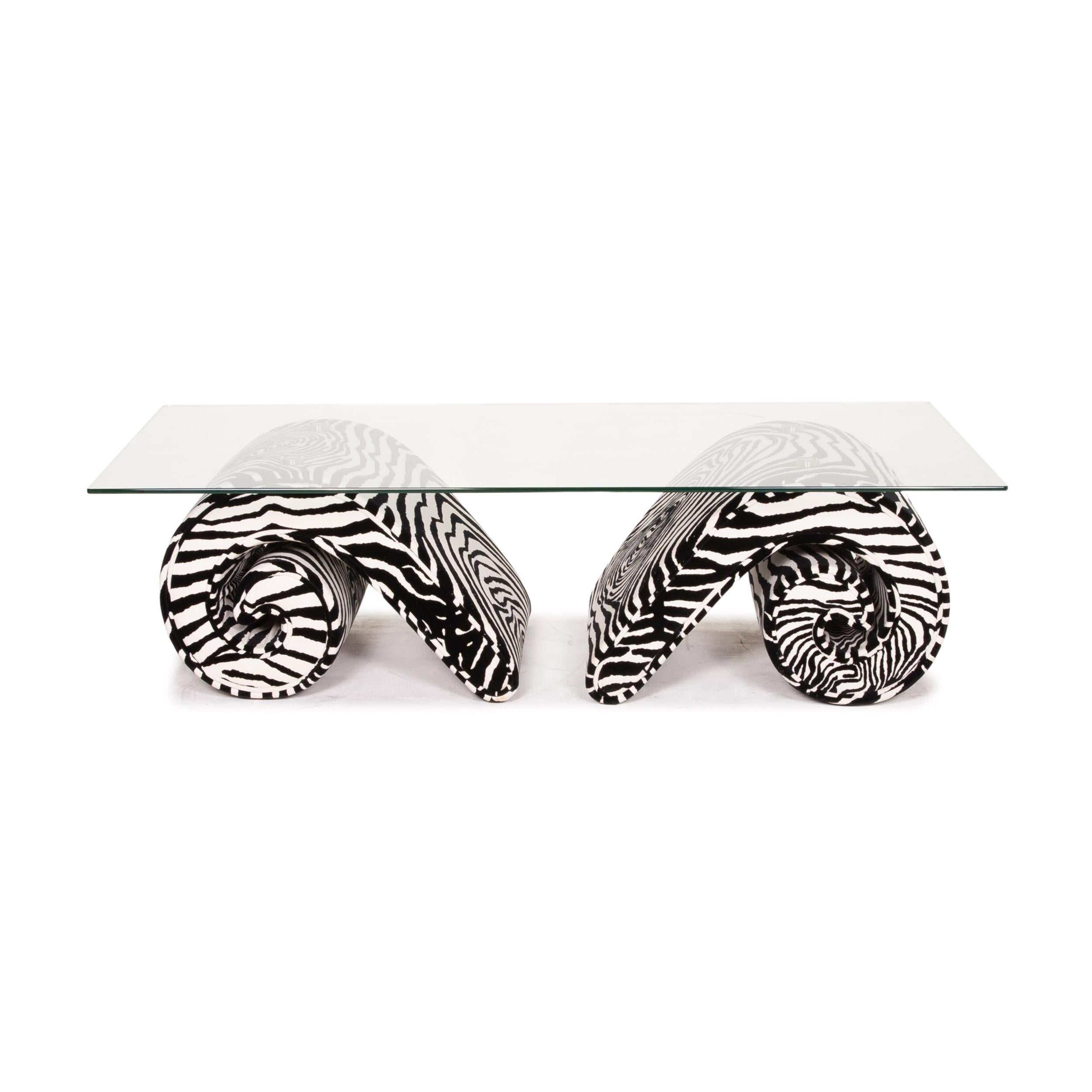 German Bretz Glass Velvet Fabric Coffee Table Zebra Pattern Black White For Sale