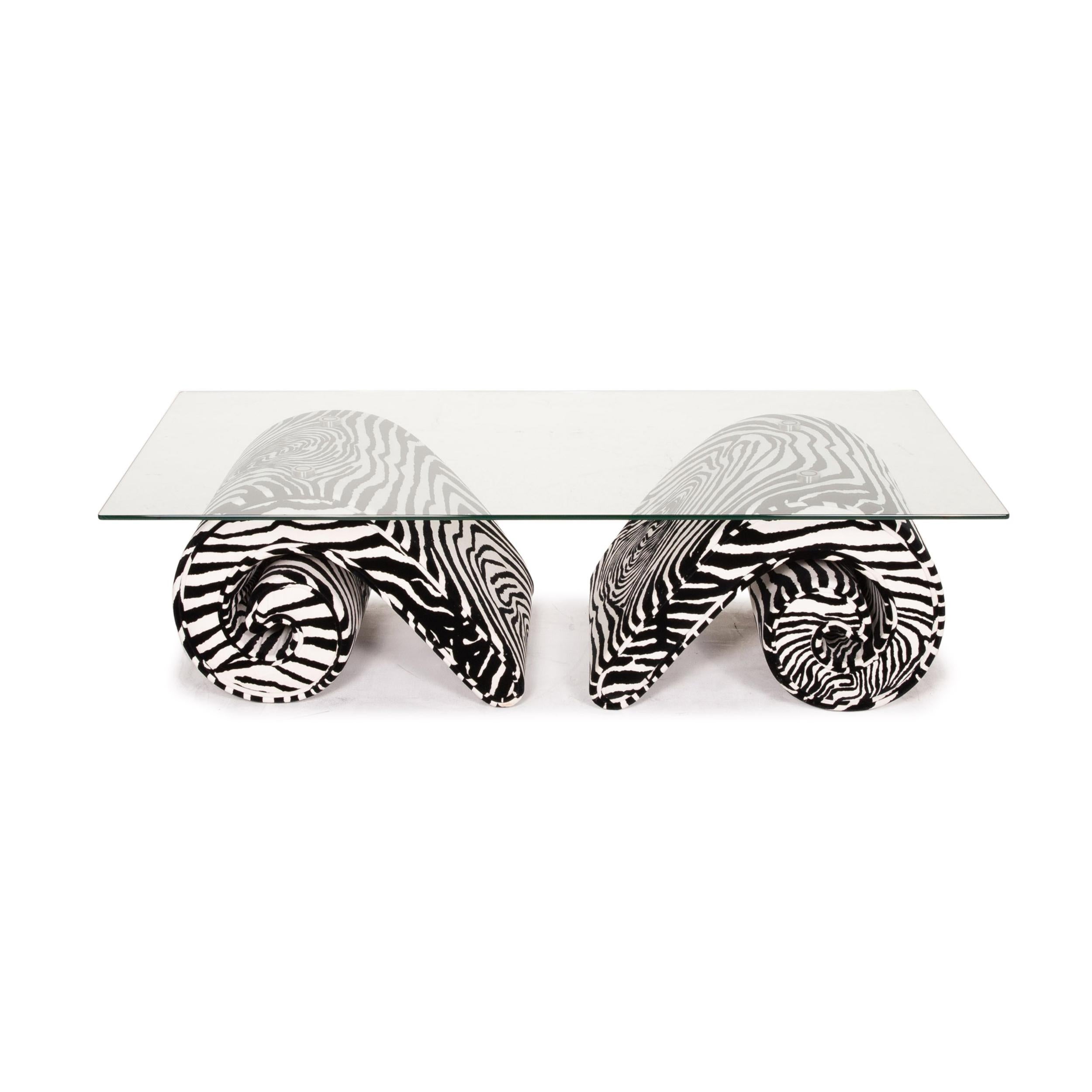 Contemporary Bretz Glass Velvet Fabric Coffee Table Zebra Pattern Black White For Sale