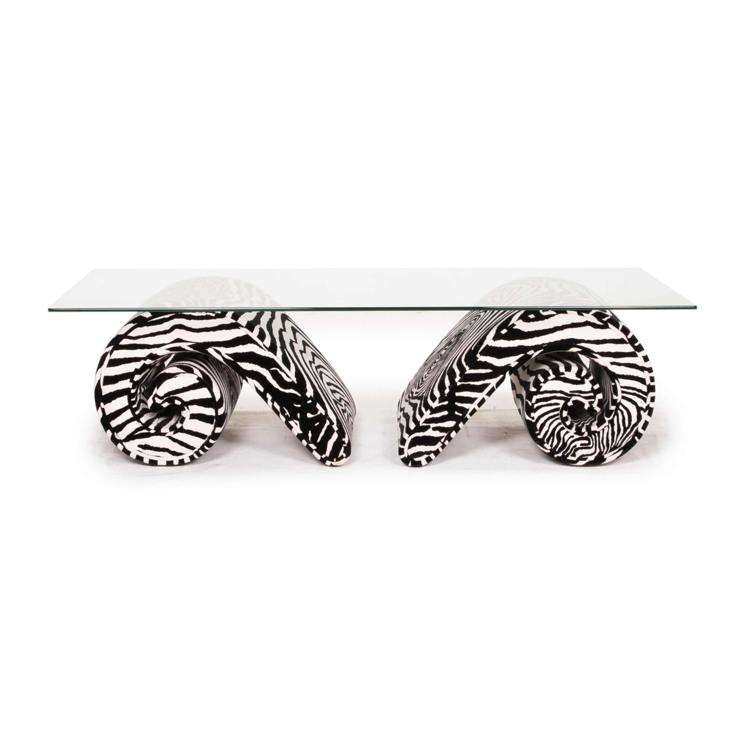 Bretz Glass Velvet Fabric Coffee Table Zebra Pattern Black White For Sale 1