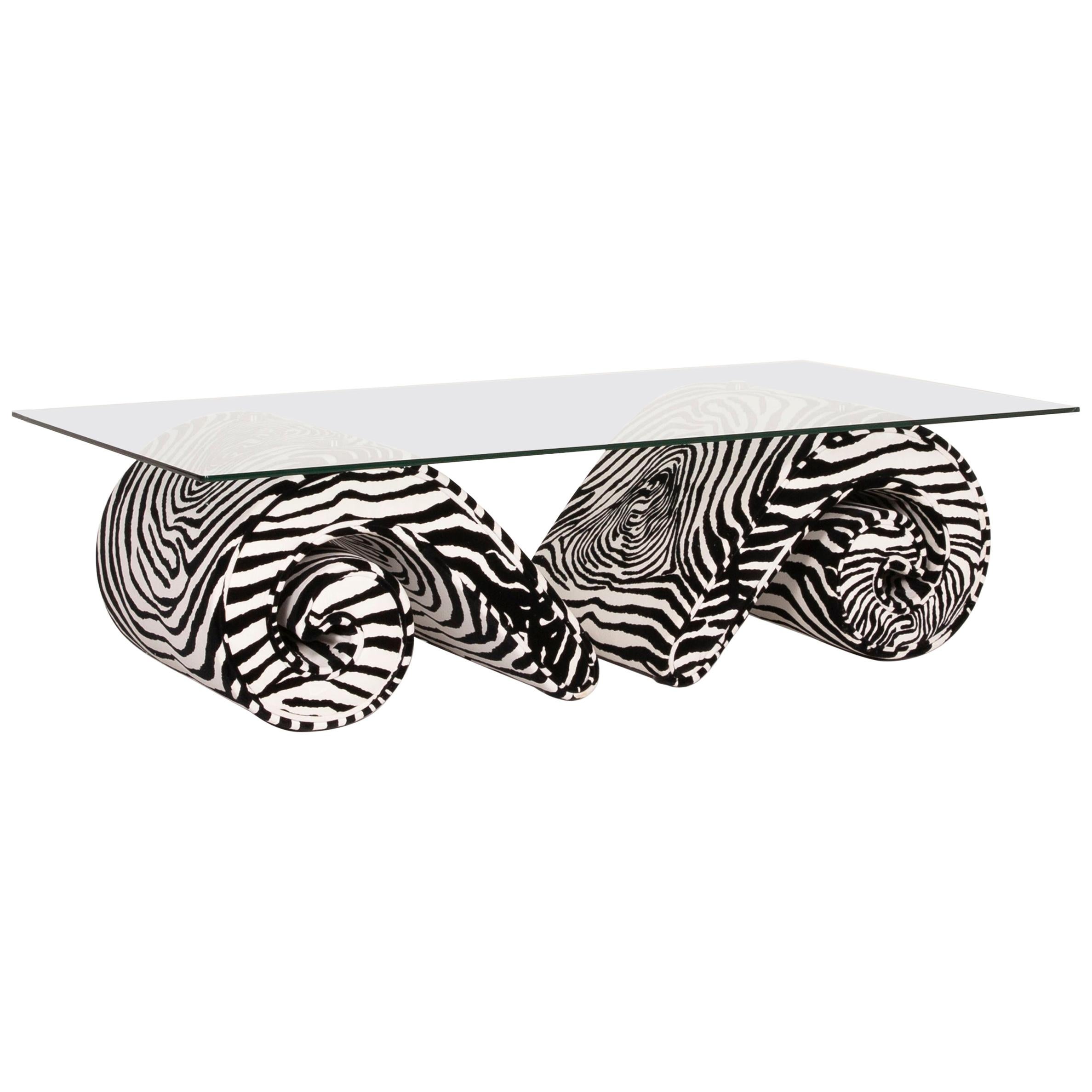 Bretz Glass Velvet Fabric Coffee Table Zebra Pattern Black White For Sale