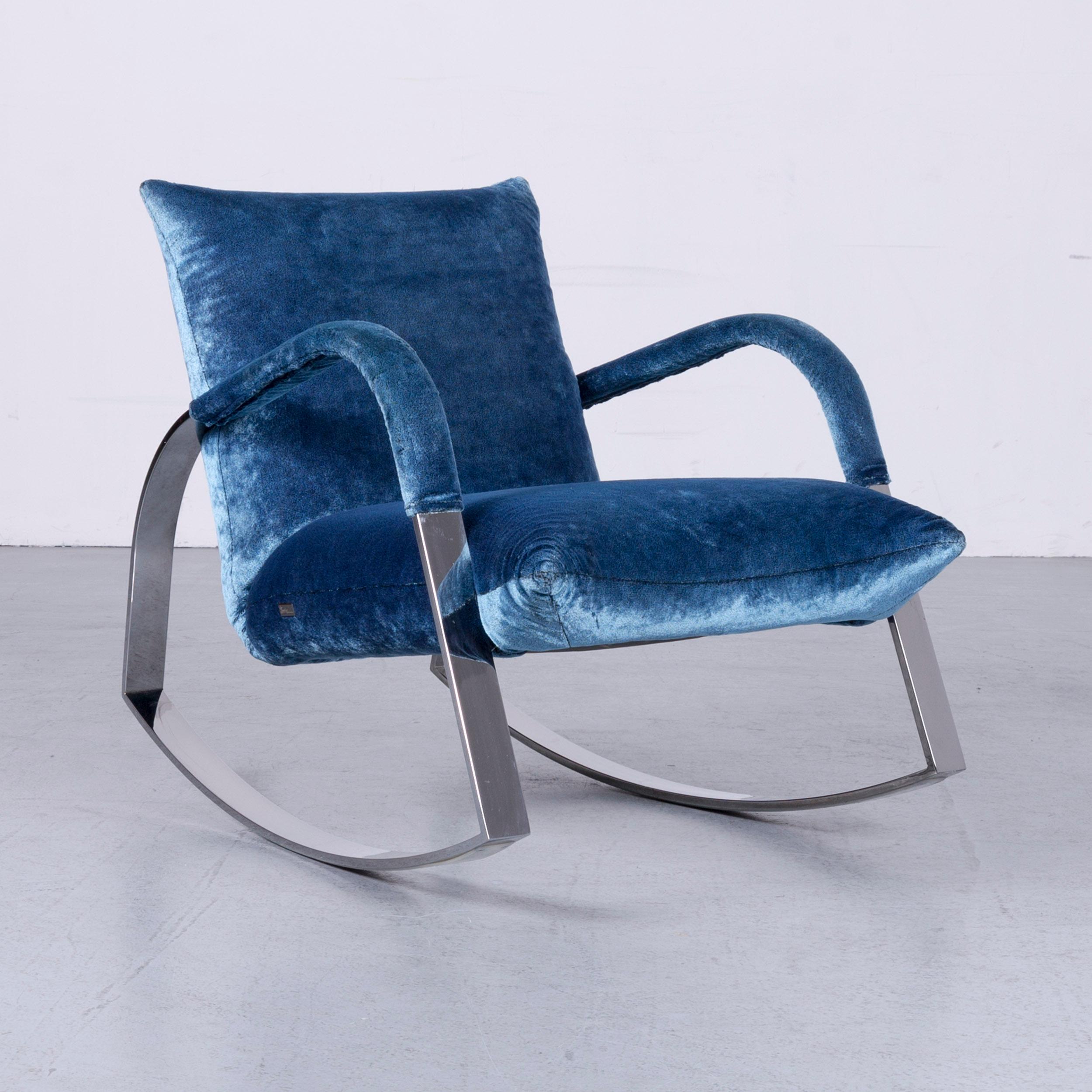 Modern Bretz Highland B132 Designer Velvet Blue Armchair Stool Recliner For Sale