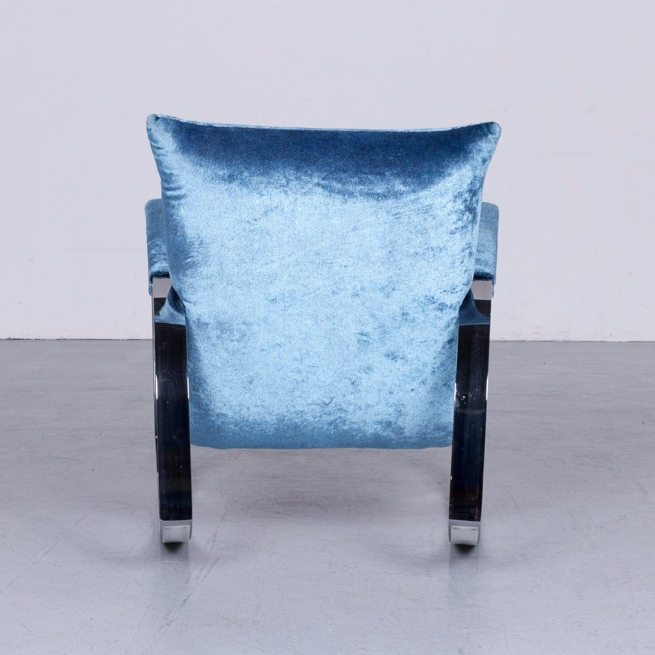 Contemporary Bretz Highland B132 Designer Velvet Blue Armchair Stool Recliner For Sale