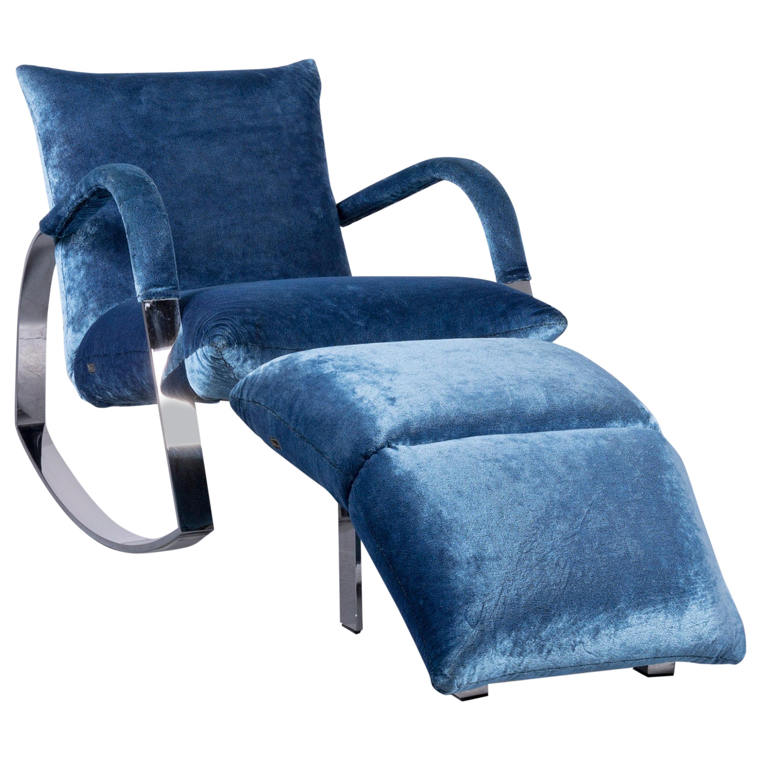 Bretz Highland B132 Designer Velvet Blue Armchair Stool Recliner For Sale