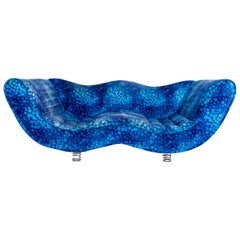 Bretz Laola Designer Fabric Three-Seat Sofa in Blue Bubble Pattern Look