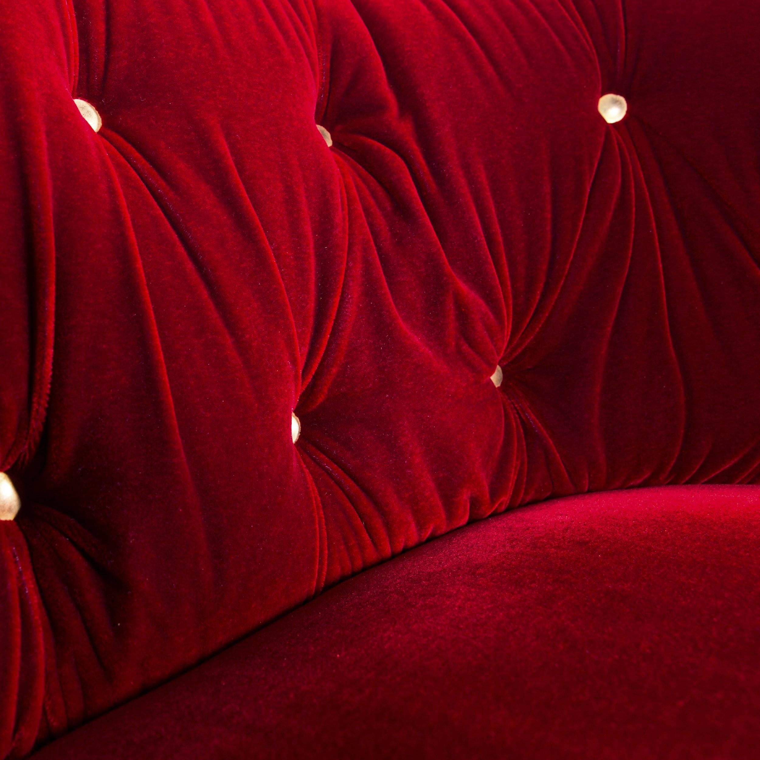 German Bretz Nana Designer Sofa Velvet Fabric Red Three-Seat Gold Couch Elegant