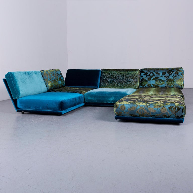 Bretz Napali Designer Corner Sofa Blue Turquoise Velours Fabric Modern  Couch For Sale at 1stDibs