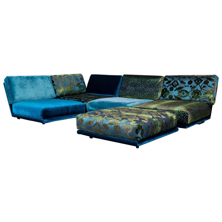 Bretz Napali Designer Corner Sofa Blue Turquoise Velours Fabric Modern Couch  For Sale at 1stDibs