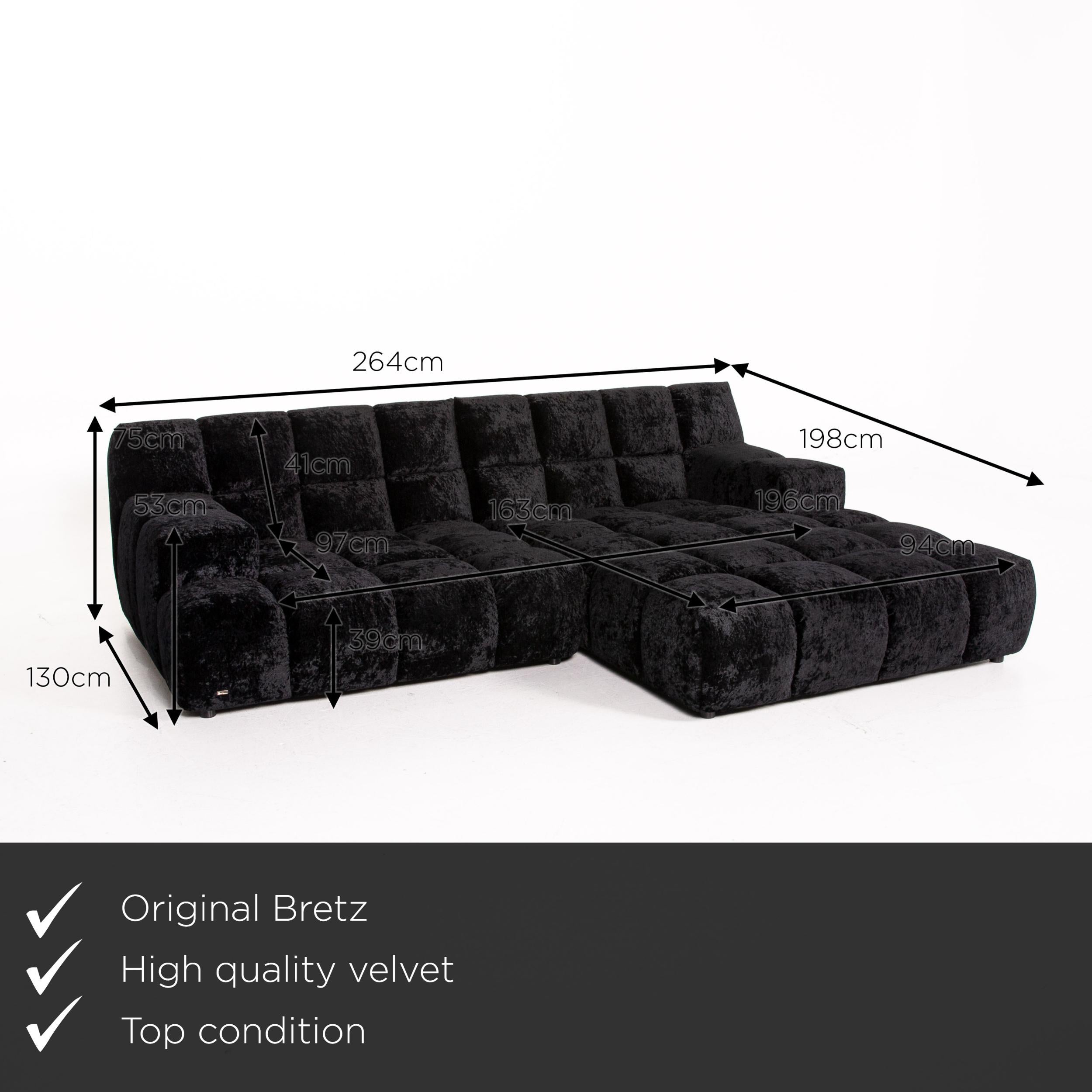 We present to you a Bretz ocean 7 velvet fabric corner sofa black sofa couch modular.

 

 Product measurements in centimeters:
 

Depth 198
Width 264
Height 75
Seat height 39
Rest height 53
Seat depth 97
Seat width 196
Back height